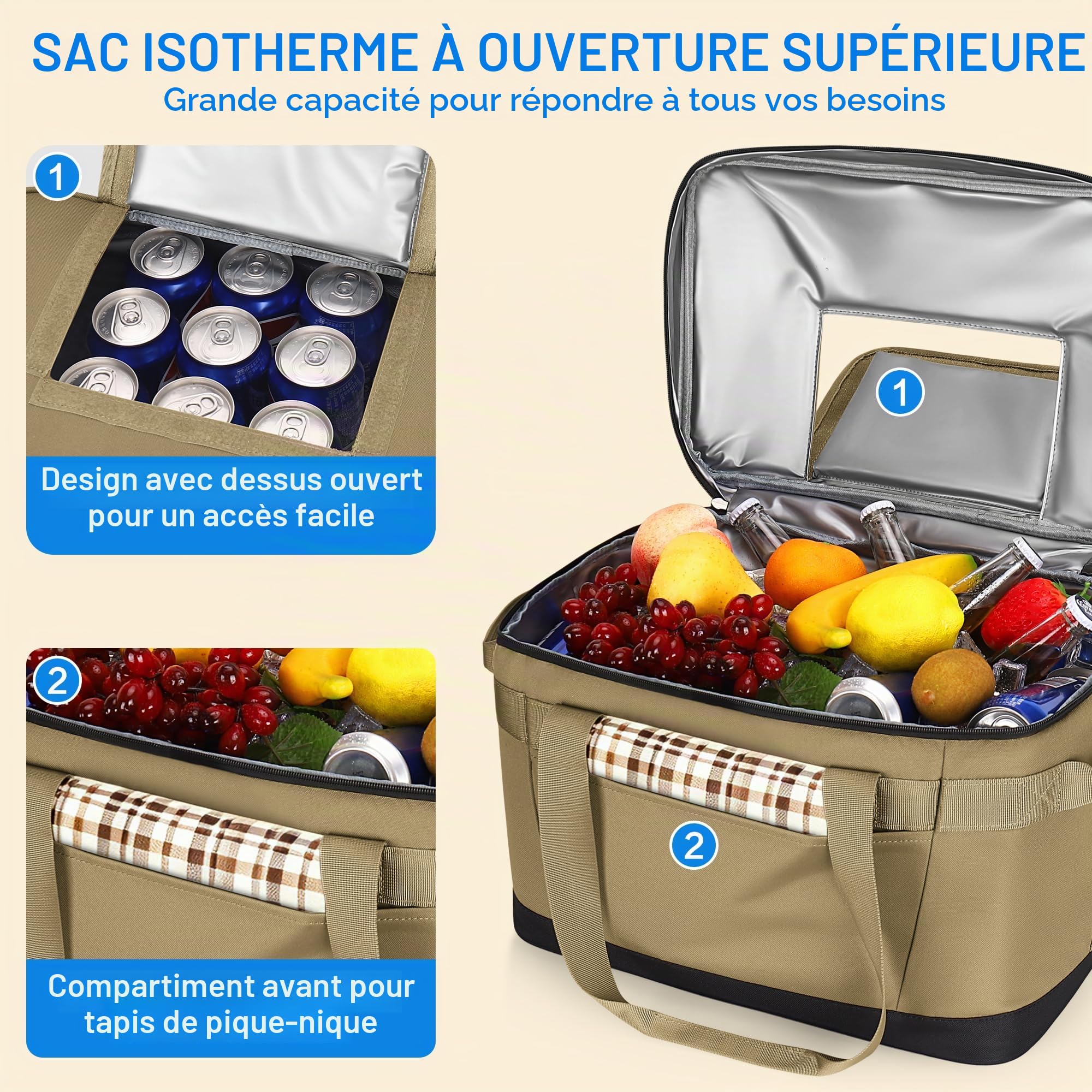 Glacière Souple, Grand Sac Isotherme Imperméable Anti-Fuite, Portable avec Bandoulière Amovible, Garde au Frais/Chaud pour Pique-Nique, Camping, Plage, Voyage