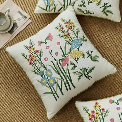 Miniatura 9 de Funda de almohada lumbar de hojas verdes de 12 x 20 pulgadas, funda de almohada con bordado floral bohemio, cuadrada, funda de cojín decorativa para