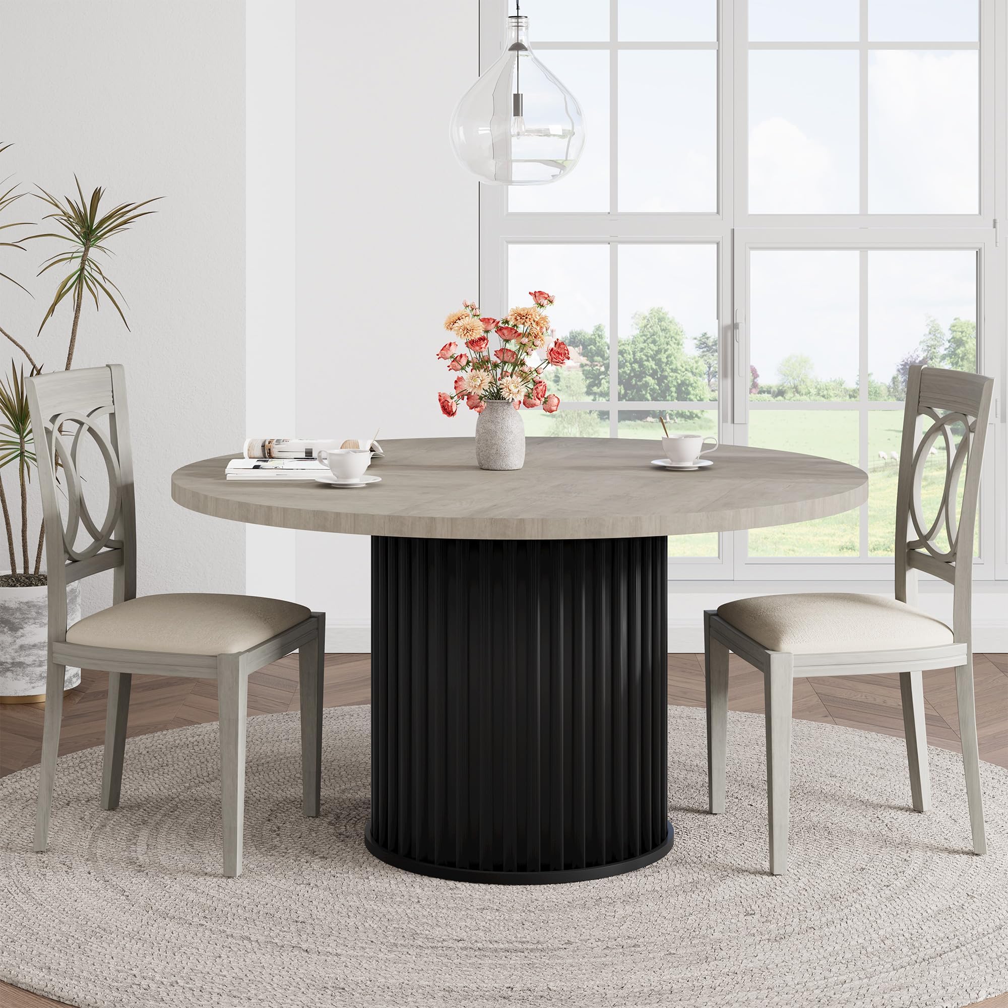 Crevyteg 47" Round Dining Table for 4-6 People, Dining Room Table with Sturdy Waveform Metal Pedestal Base, Farmhouse Circle Kitchen Table for Dining Room, Kitchen, Grey