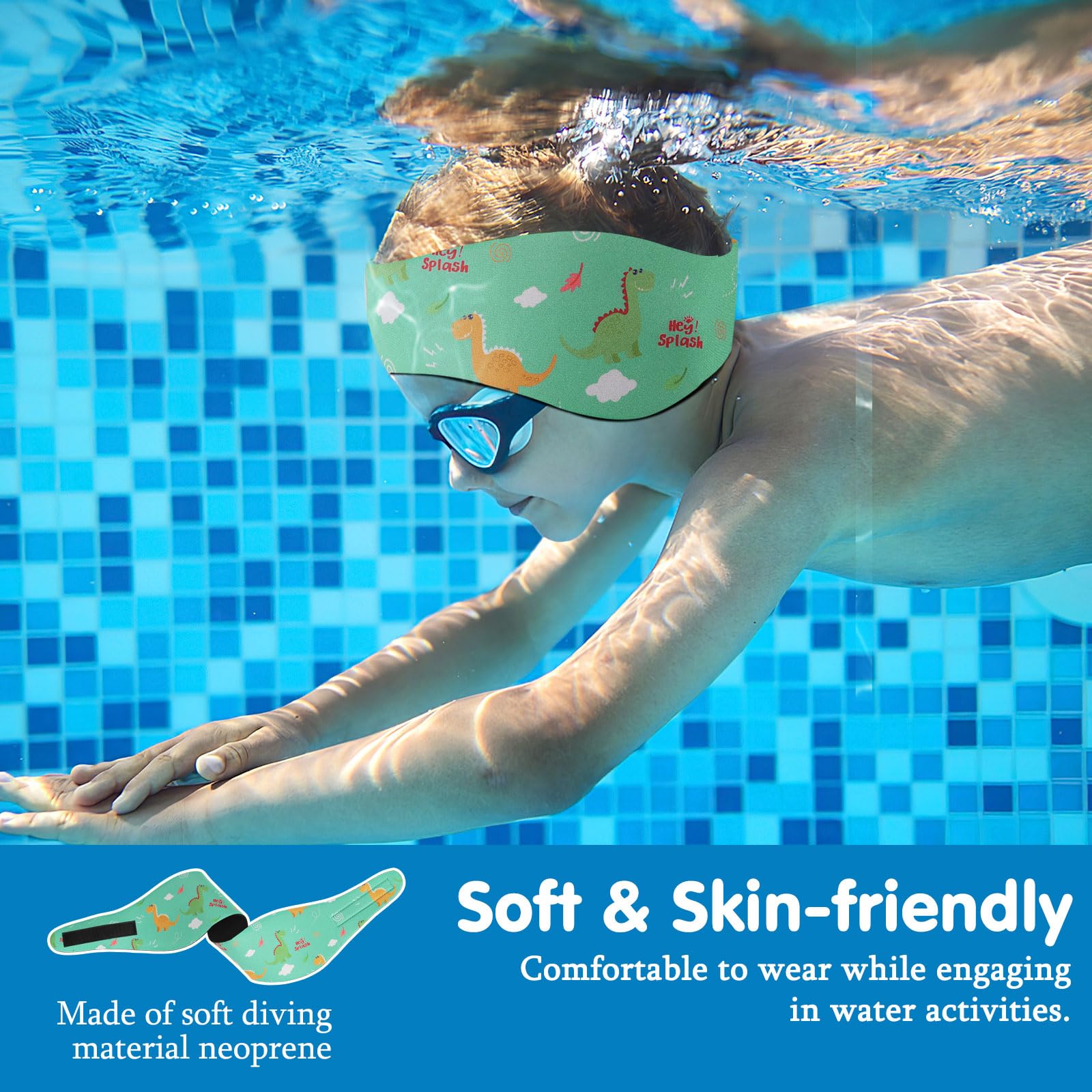 HeySplash Banda para Cabeza de Natación de Neopreno para Niños, Diadema de Oídos Ajustable y Antideslizante Buena Elasticidad para Surf Buceo Boga y Rafting, Talla M, Dinosaurio