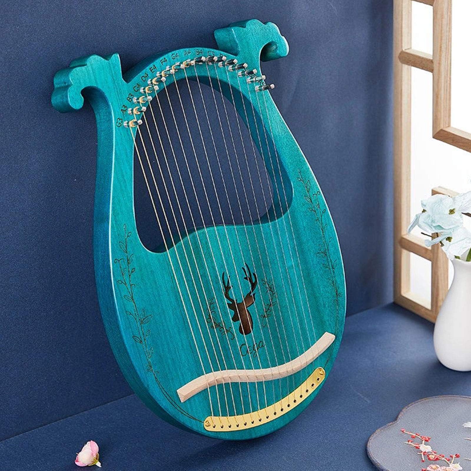 C Key 16-strunowa drewniana lira harfa rezonansowa pudełko instrument strunowy z kluczem do strojenia 3 sztuki kostki naklejka dodatkowy zestaw strun, drewno,Harfa(Blue)