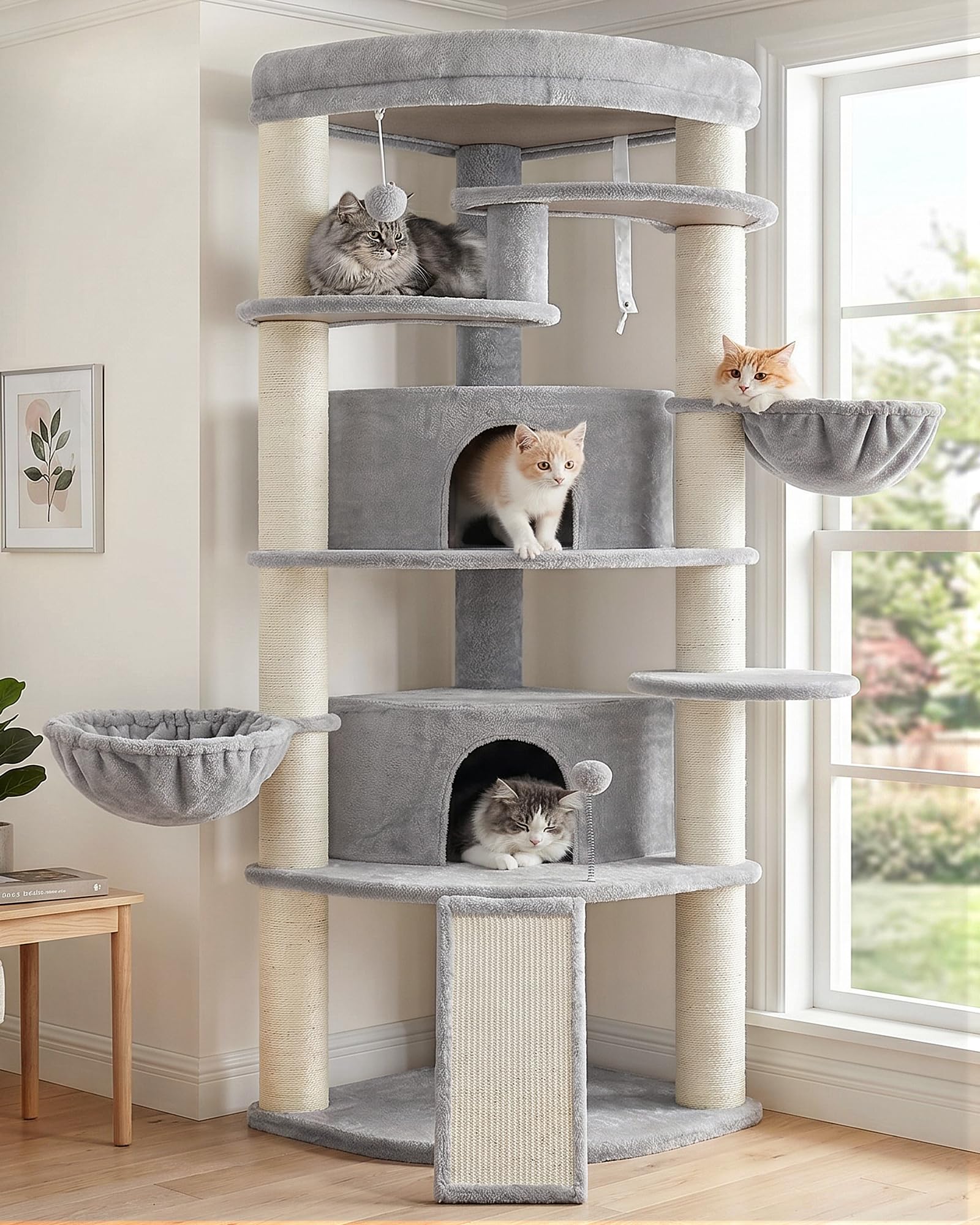 Gitelsnour Corner Cat Tree for Indoor Cats, Cat Tower with All Sisal Scratching Posts, Multi-level Cat Condo wth 2 Large Cat Caves, Big Top Perch, 2 Hanging Baskets, Sisal Ramp, Light Gray GCT035W
