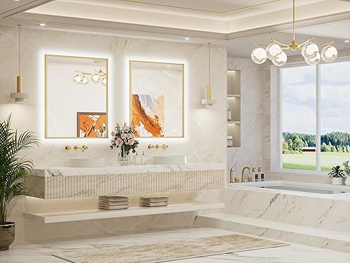 Miniatura 7 de TETOTE Espejo de baño retroiluminado de 30 x 36 pulgadas, marco de metal dorado cepillado, luz LED, 3 colores, blancocálidonatural, sin escalones,