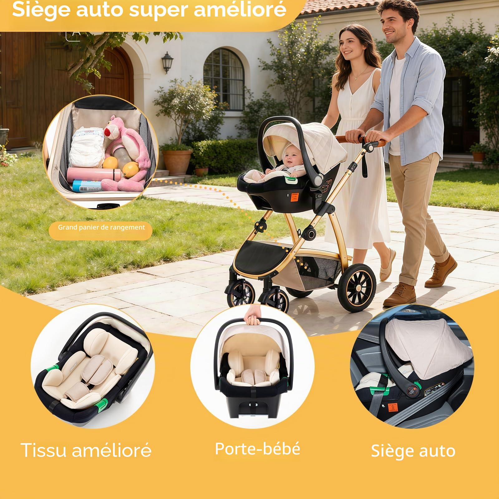 3 en 1 Poussette Combinée, Poussettes Citadines Avec ECE R129 Siège Auto, Poignée Réglable en Hauteur Poussette Bébé, Châssis en Aluminium Haute vue Poussette pour Nouveau (22KG, 0-4Ans)