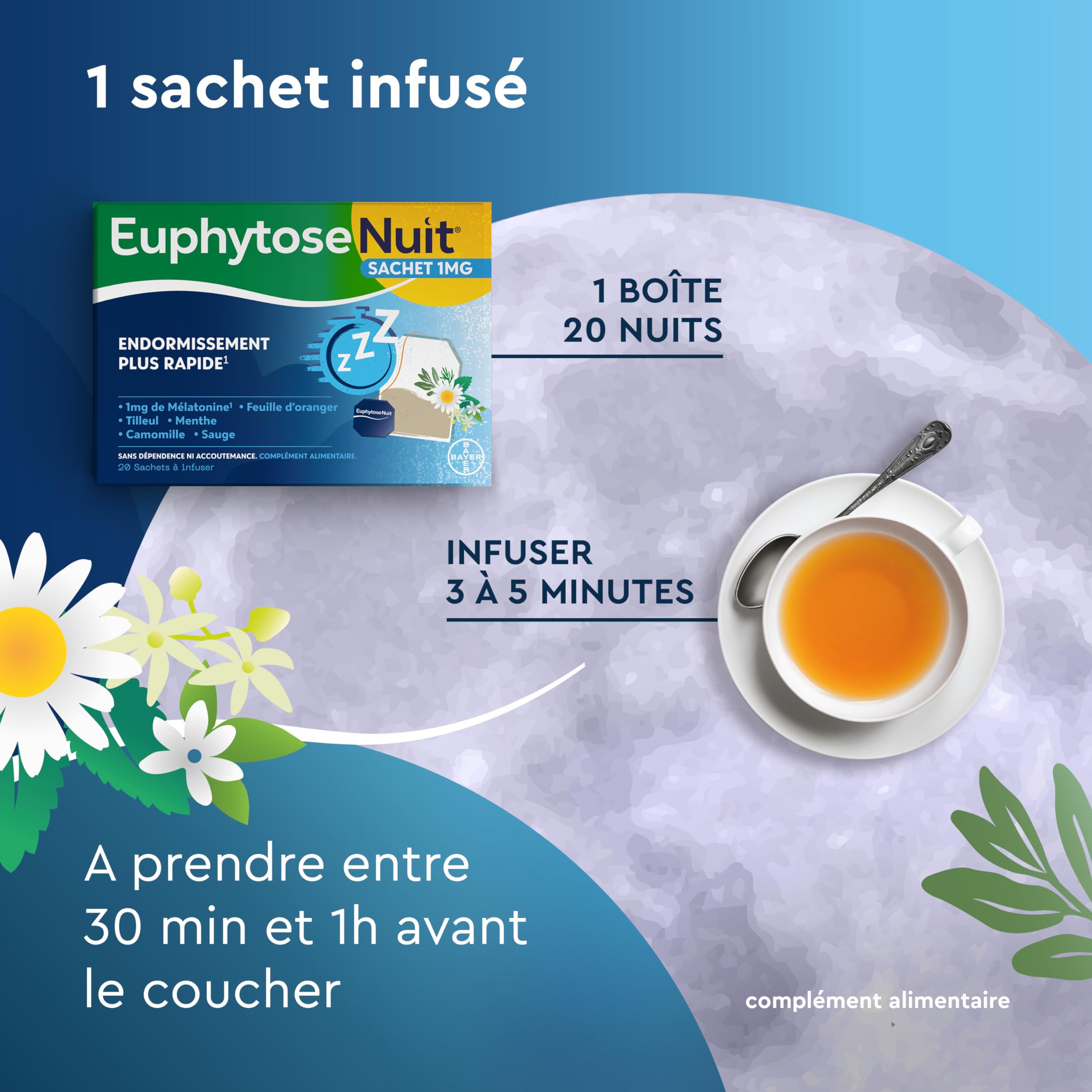 EuphytoseNuit Sachet - Complément alimentaire sommeil adulte - Mélatonine 1mg Endormissement rapide - Feuille d'Oranger - 3 Packs de 20 Sachets à infuser - 20 nuits de sommeil - Fabriqué en Europe