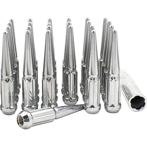 Wheel Accessories Parts 24 Pcs M14x1.5 14x1.5 Thread Spiked 4.4" Long Lug Nuts Chrome Truck Spline Hex Fits Chevy 1999+ Silverado | GMC Sierra 1500 | Ford 2016+ F150 | RAM 2019+ 1500