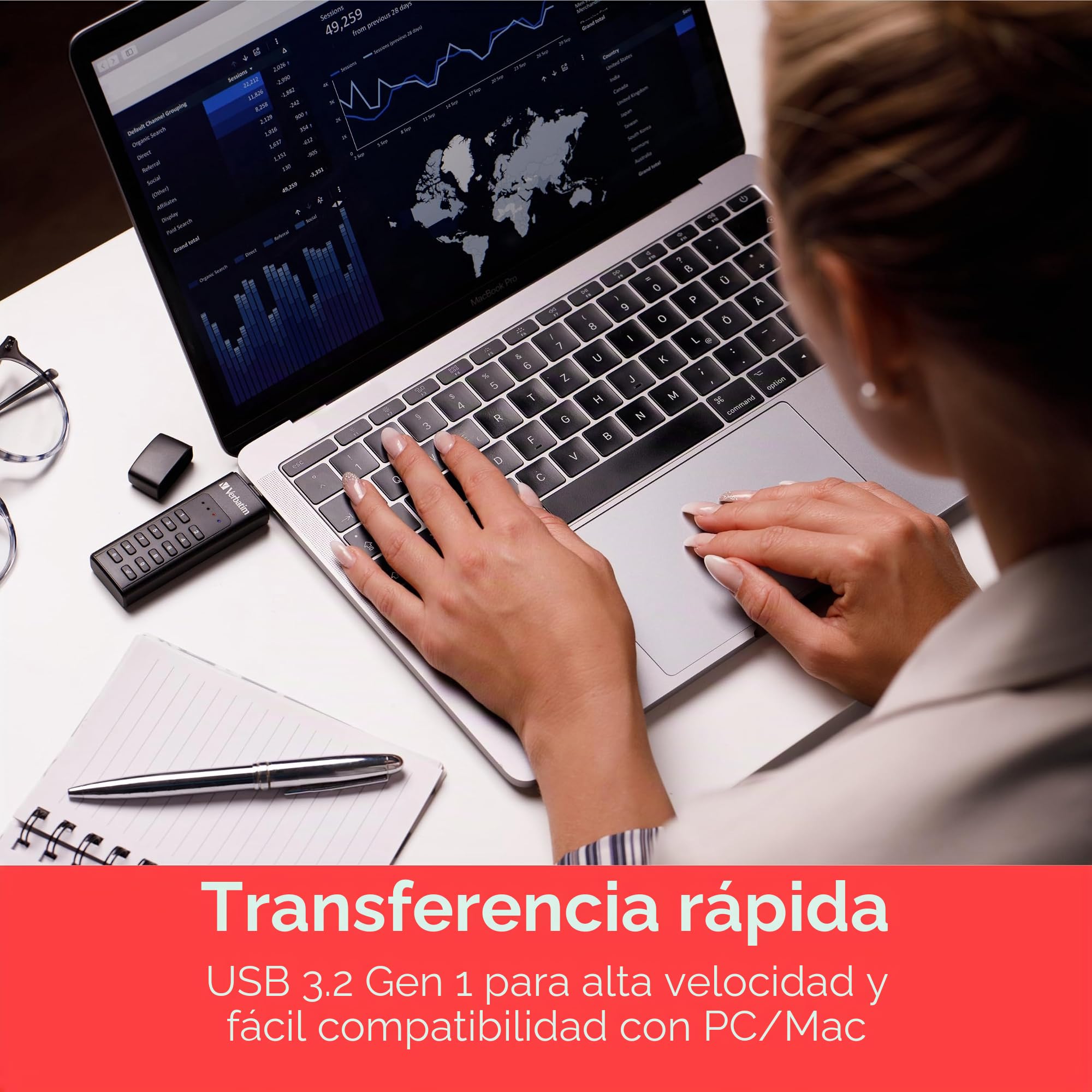 VERBATIM Keypad Secure dispositivo USB c/teclado de seguridad I USB Type-C I 128GB I Memoria protección con contraseña y cifrado I Con cable USB-C I USB-3I Laptop Notebook and Co.Inegro
