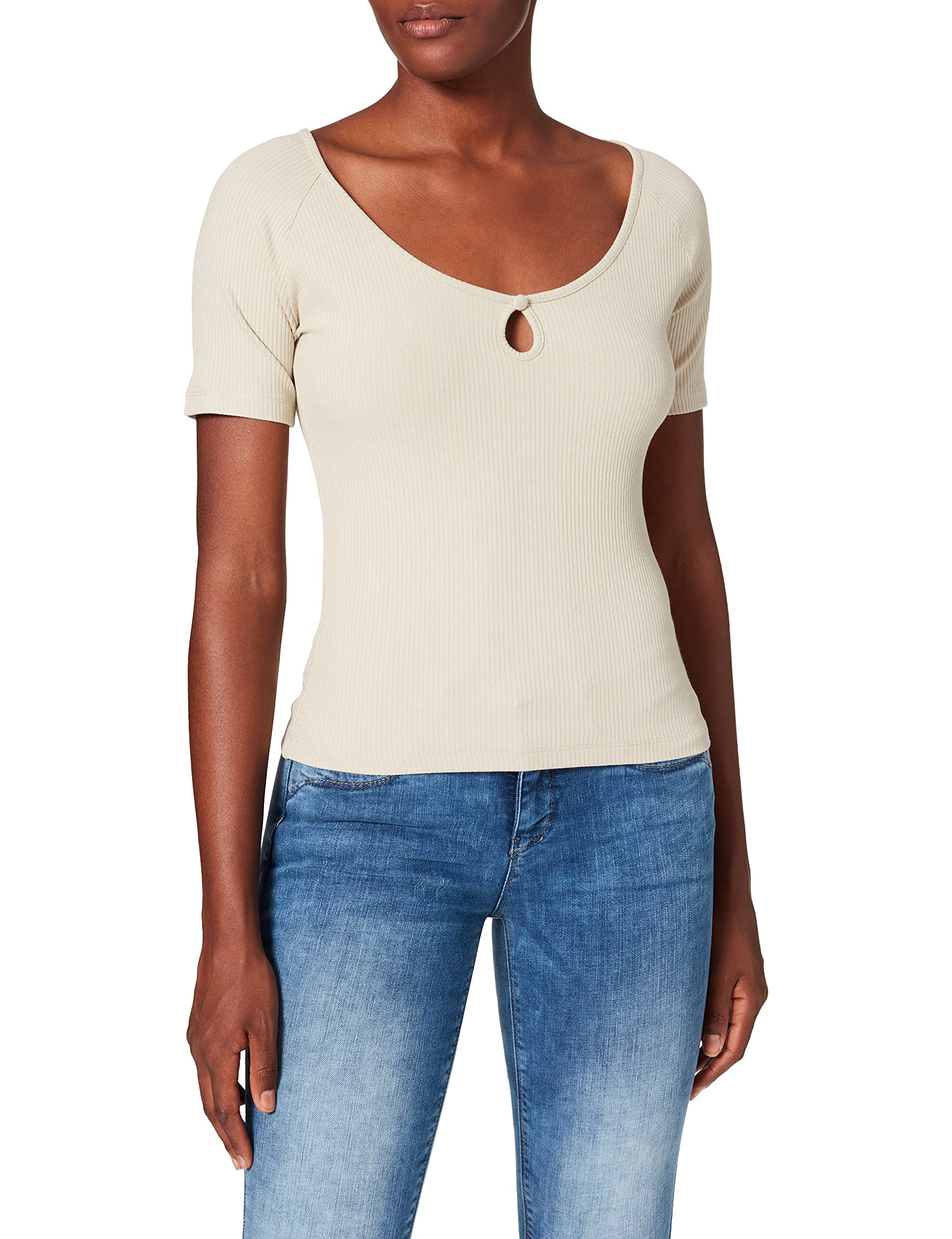 NA-KD Keyhole Jersey Top, Light Khaki, Large