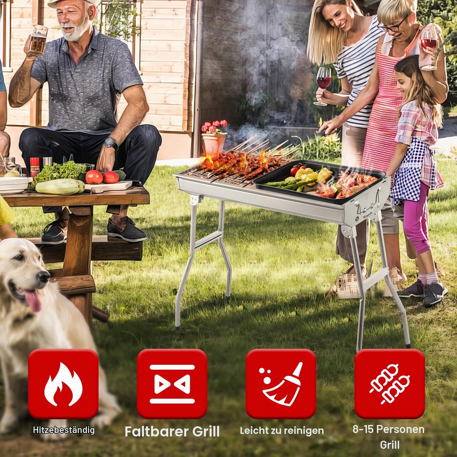 Holzkohlegrill Edelstahl Faltgrill Campinggrill 100 x 28x 76 cm, Outdoor Grill, Tragbar Kohlegrill für den Außenbereich für Grillpartys im Freien von 2-8 Personen