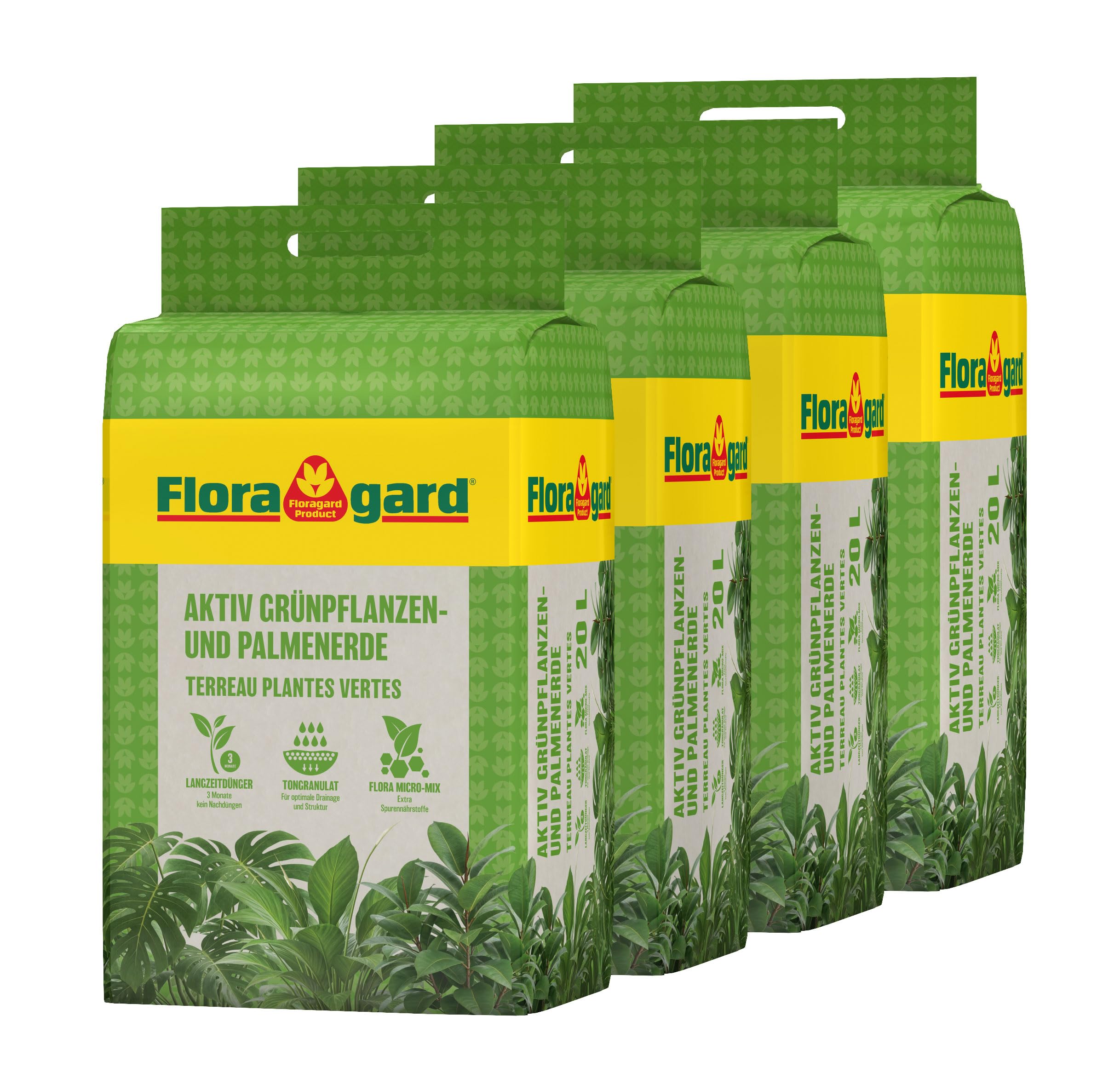 Floragard Aktiv-Grünpflanzen- und Palmenerde 4x20 L • Spezialerde für Palmen, Farne, Ficus, andere Grün- und Zimmerpflanzen • mit 3-Monate-Langzeitdünger • zum Topfen und Umtopfen • 80 L