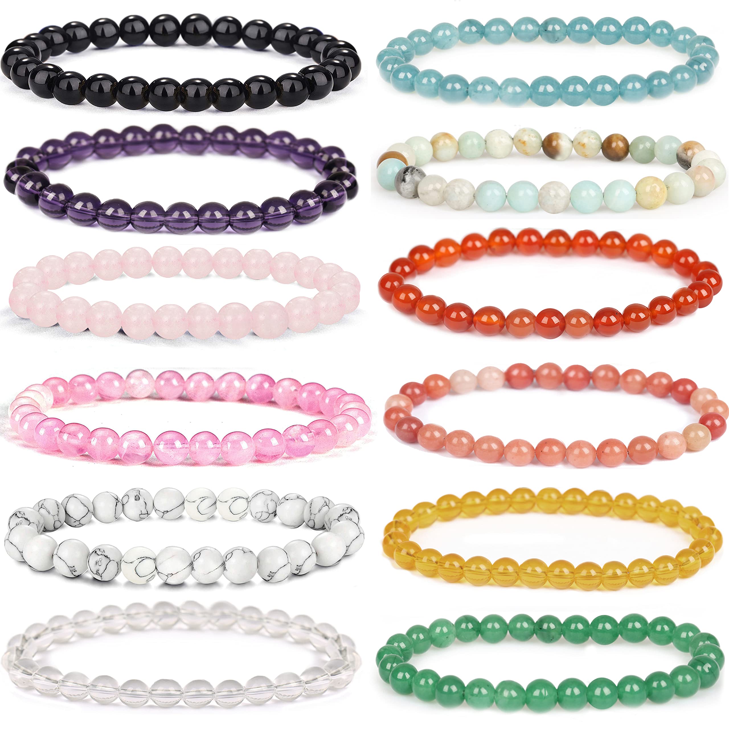 12 Pcs Gemstone Semi-Precious Natural Beaded Bracelets for Women Men Healing Crystals Reiki Beads Bracelet Stretch Round Bead Energy Bracelet Set