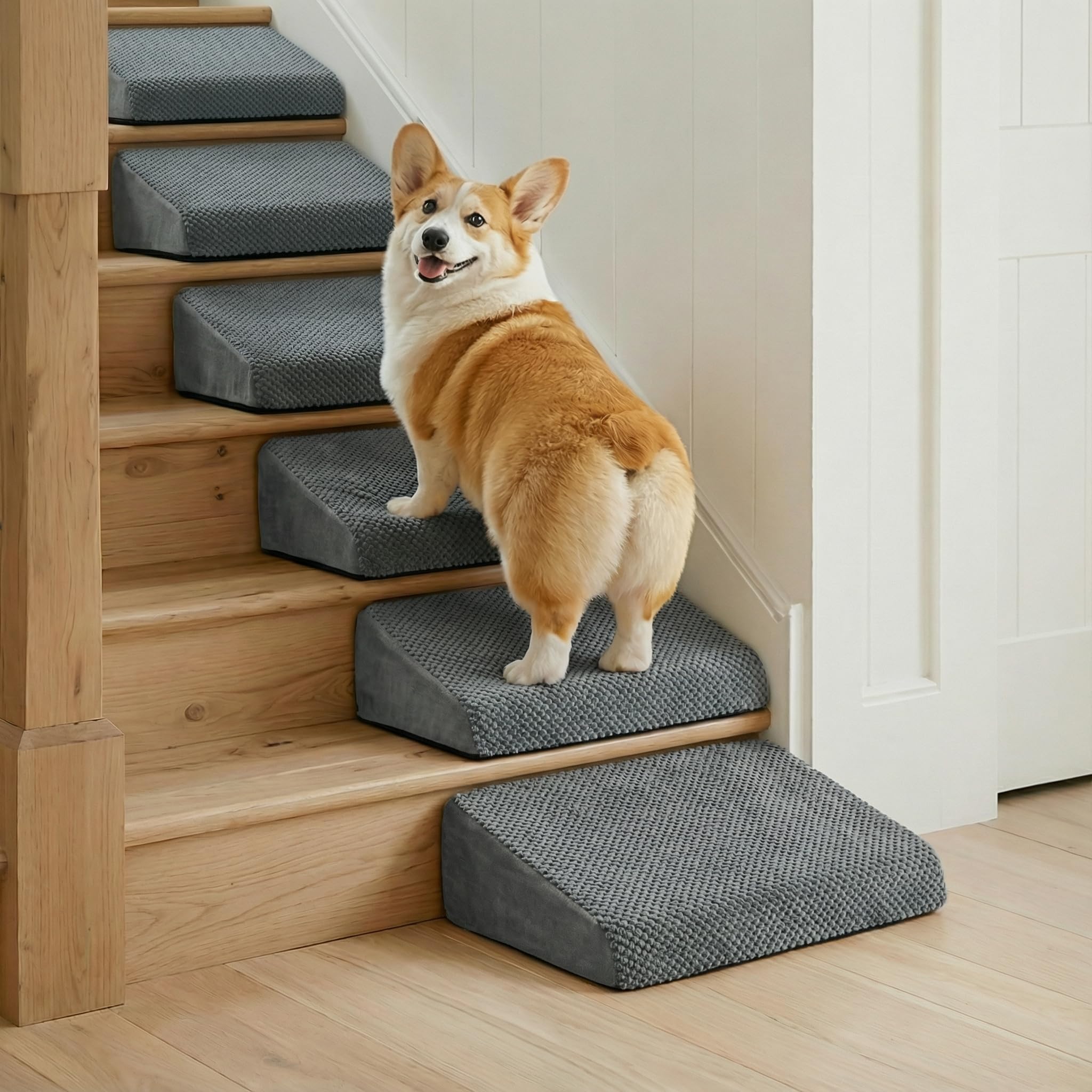 6-pack dog ramp for stairs, 40d dog stairs for small dogs with gentle slope, pet steps for staircase stairs, steps and stairs assist for injured & aged pets with self-sticky pads to fix