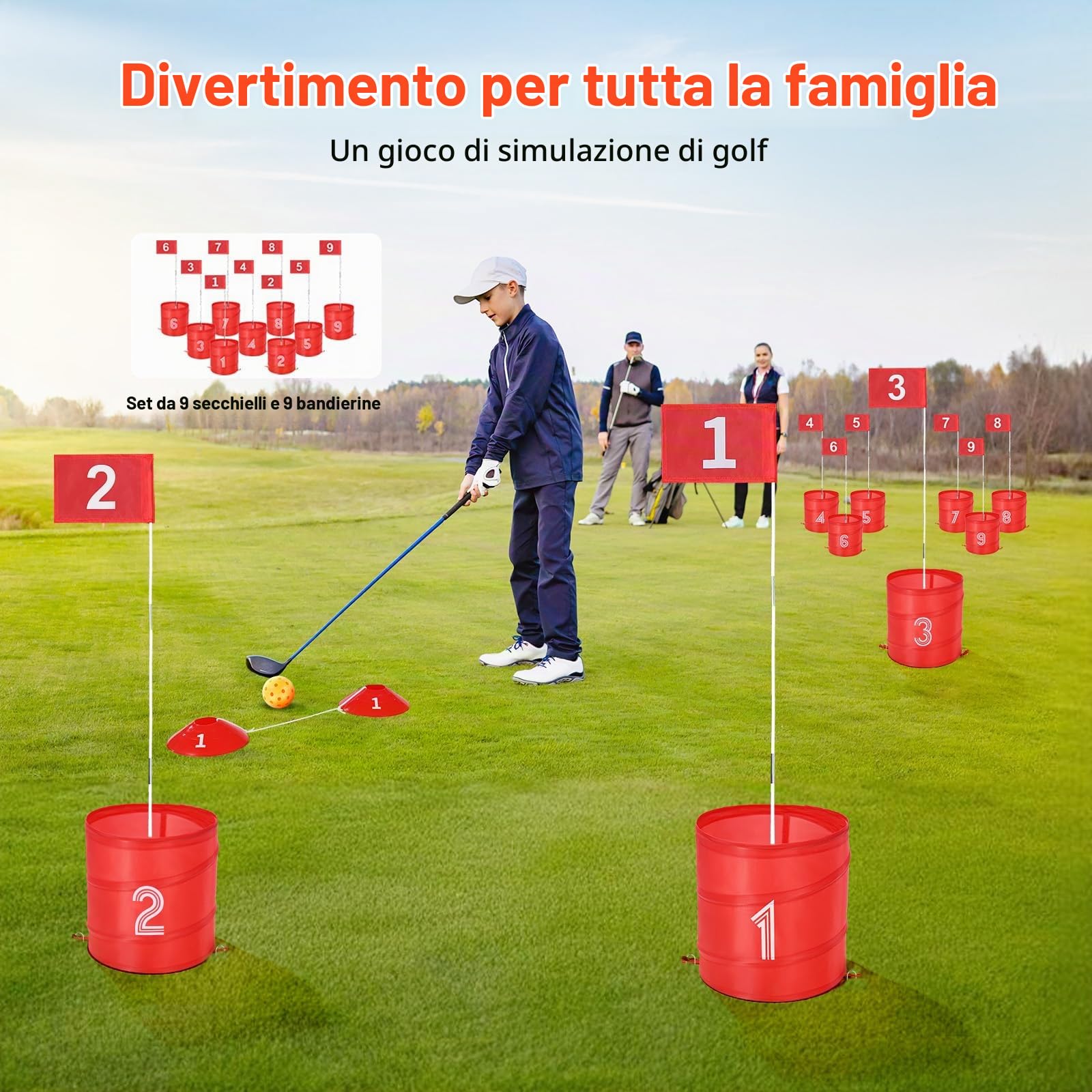 VEVOR Gioco da Golf da Giardino, Campo da Golf a 9 Buche, Giochi di Pratica del Gioco del Golf con Secchio per Famiglie, Adulti e Bambini, Gioco di Golf Portatile per Esterni per Cortile, Campeggio