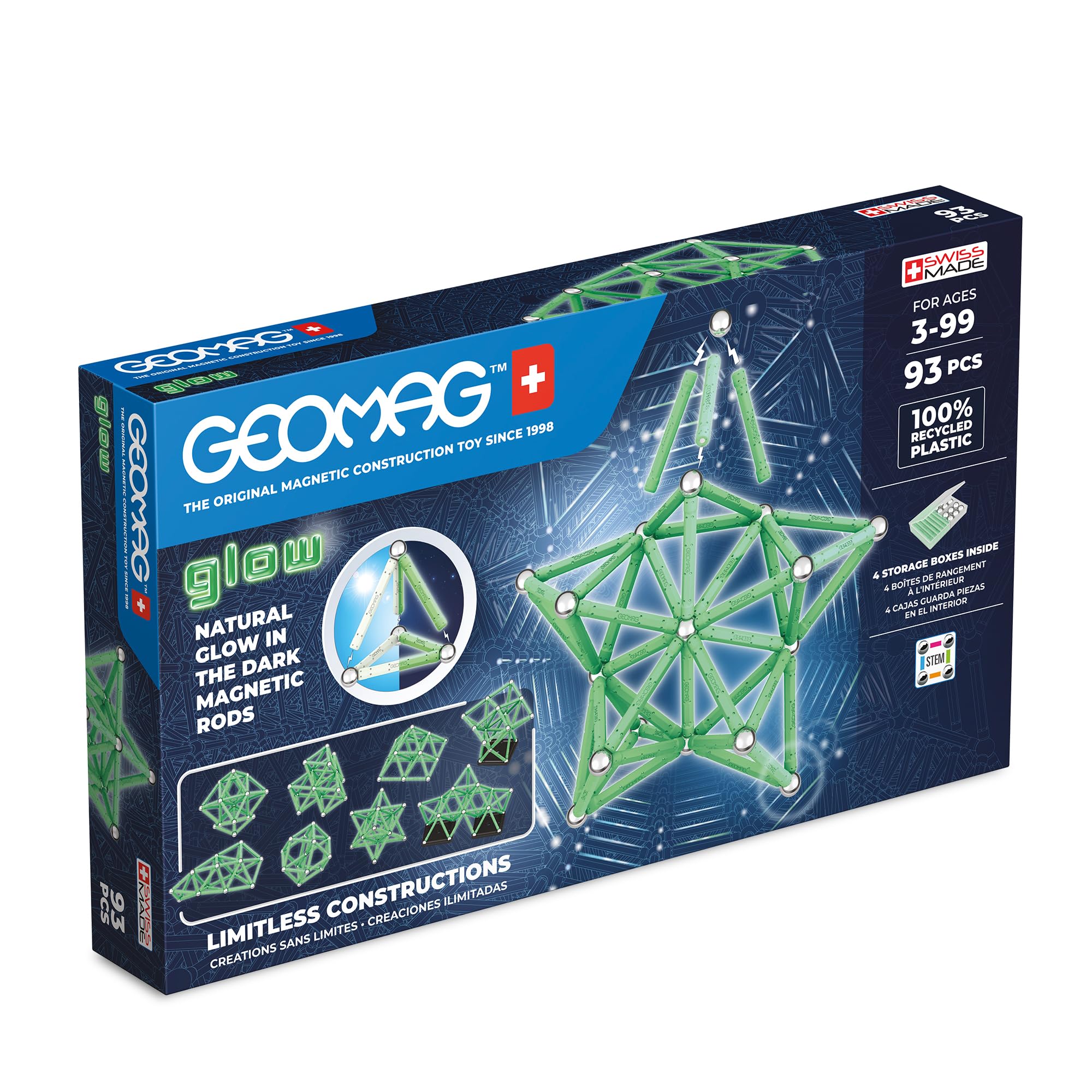 GEOMAG - 93 Teile Leuchtende Magnetspiel für Kinder Jugendliche ab 5 Jahre | Glow Recycled, Magnetspielzeug aus Recycling-Kunststoff mit 4 Aufbewahrungsboxen, STEM Lernspielzeug, Geschenk Geburtstag