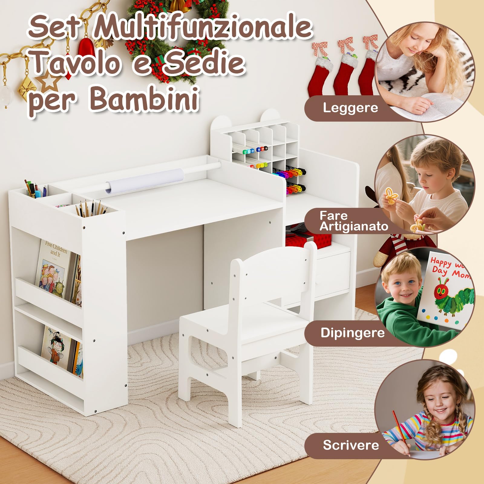 COSTWAY Set Tavolo e Sedia per Bambini 3+ con Porta Rotolo Carta Rimovibile