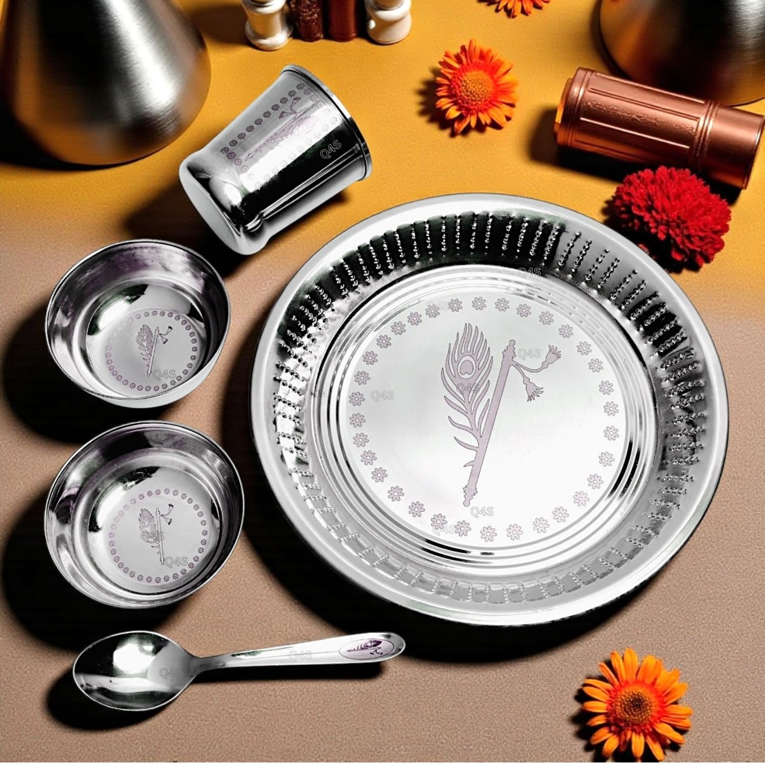 Stainless Steel Pooja Thali Set - Peacock & Flute Design -4