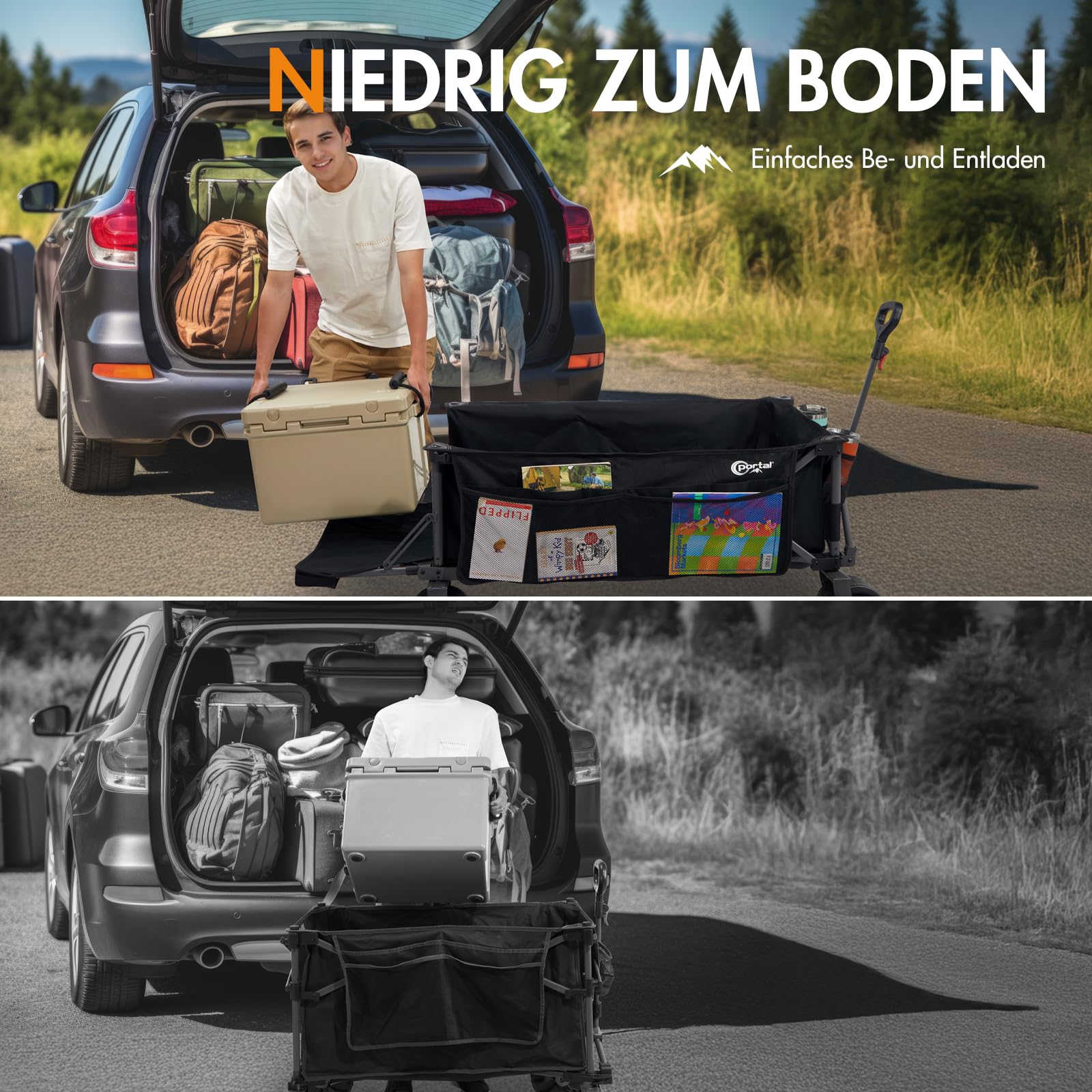 Portal Bollerwagen faltbar XXXL 600L Große Ladefläche 180kg Belastbar Ultrabreit Handwagen mit Seitentasche Transportwagen Leiterwagen Klappbar Strandwagen Faltwagen für Garten Camping Festival