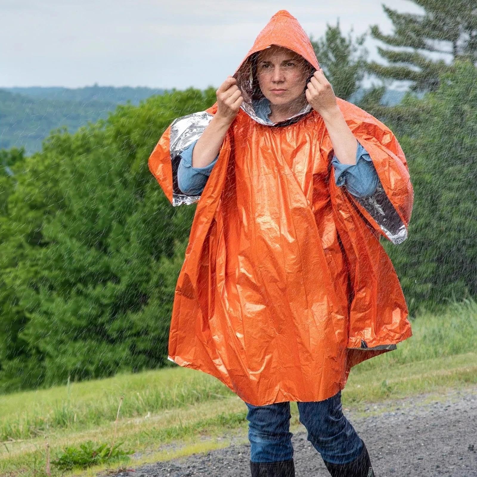 4 Szt. Awaryjny Ponczo z Kapturem, Jednorazowy Ponczo przeciwdeszczowy, Termiczny Ponczo z Powłoką Termo-Mylar, Awaryjna Peleryna przeciwdeszczowa, Dwustronny z Kapturem, dla Campingu