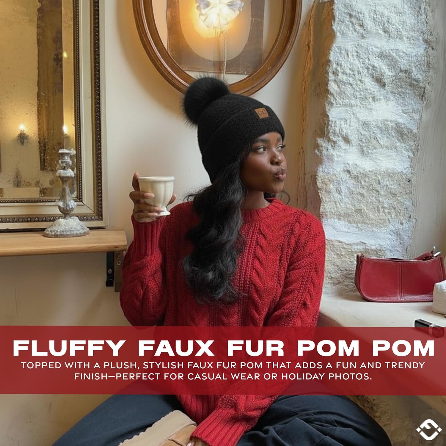 Funky Junque Beanie for Women Ultra Soft Chenille Faux Fur Pom Pom Winter Hats Warm Ski Cap Fashion - Image 4