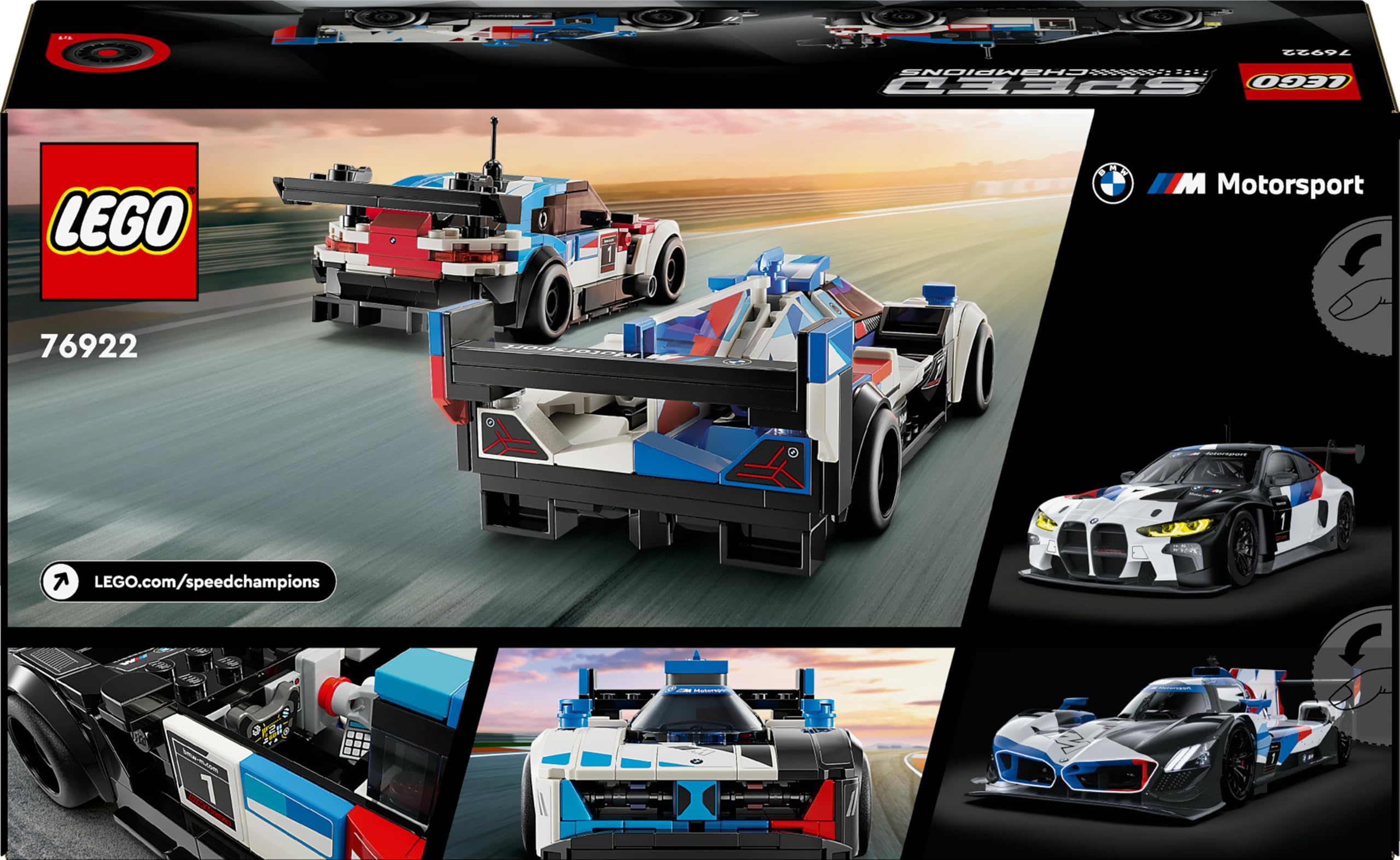 LEGO Speed Champions Coches de Carreras BMW M4 GT3 y BMW M Hybrid V8 Vehículos de Juguete, 2 Maquetas de Construcción y 2 Minifiguras de Pilotos, Regalo para Niños y Niñas de 9 Años o Más 76922