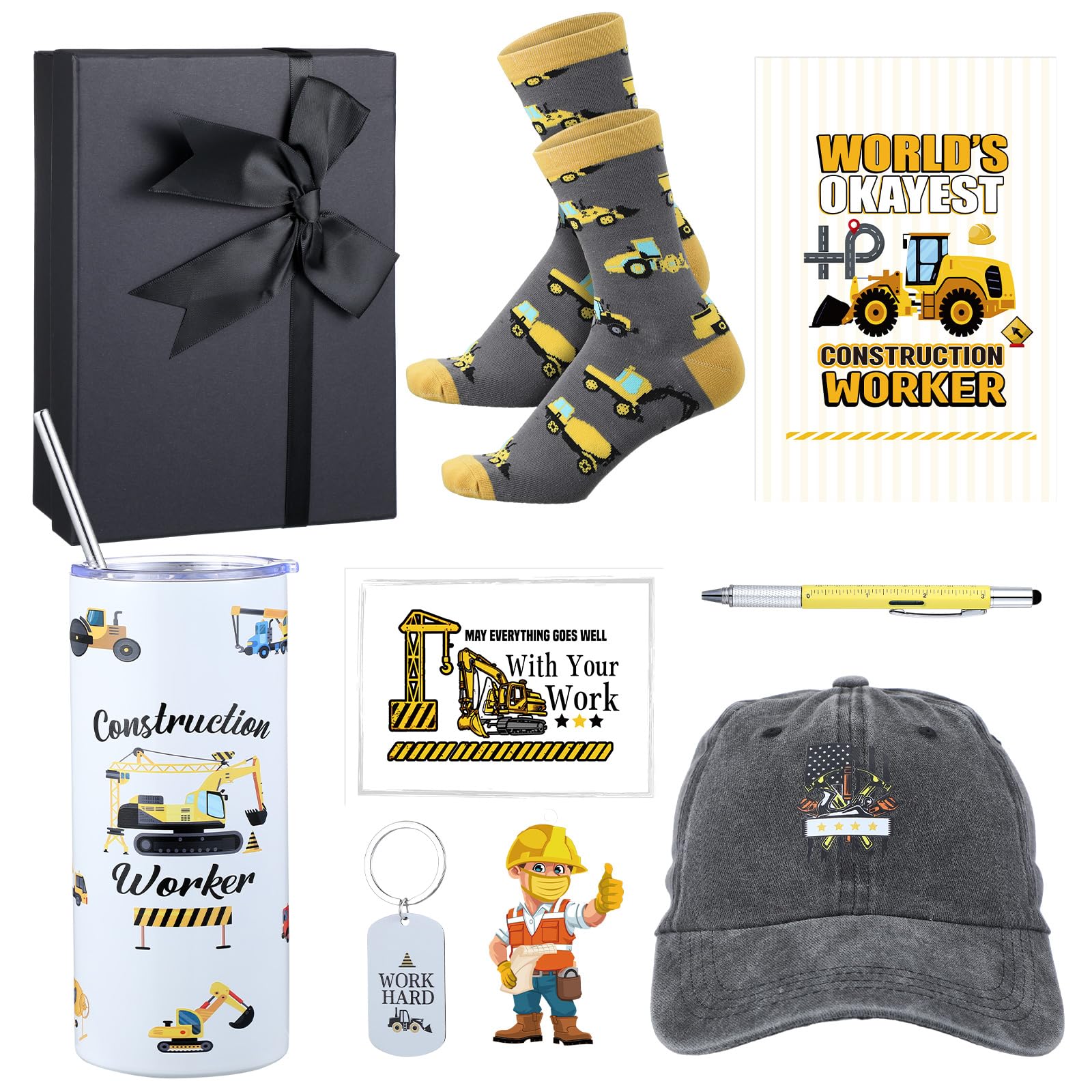 Patelai 9 Pcs Construction Worker Christmas Gifts for Men Include 16 oz Tumbler Coffee Mug Multi-tool Pen Baseball Hat Socks Notebook Keychain Pendant for Father Boyfriend Birthday Gift