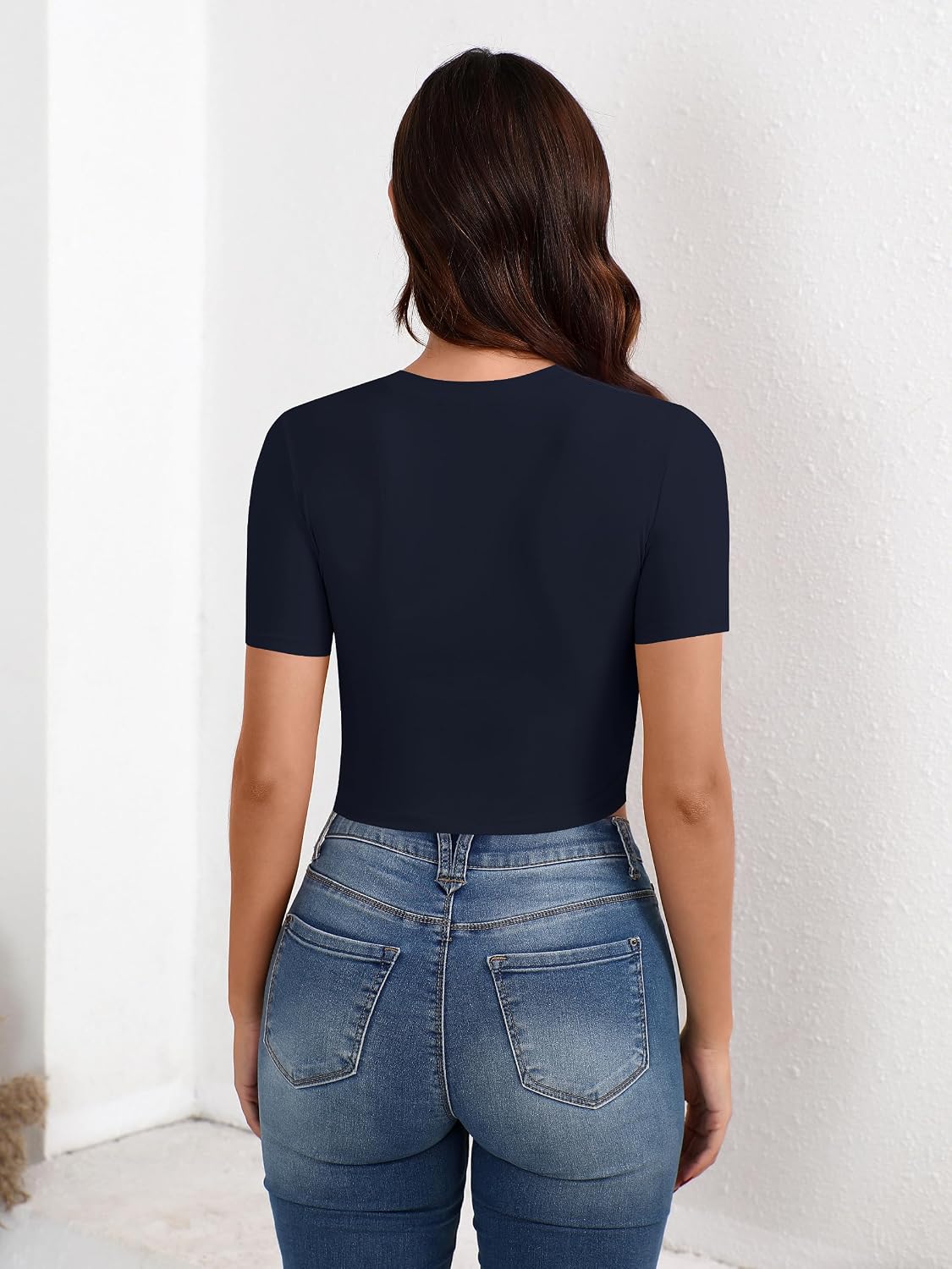 Laughido Wrap Crop Tops for Women Yoga Gym Slim Fit T Shirts