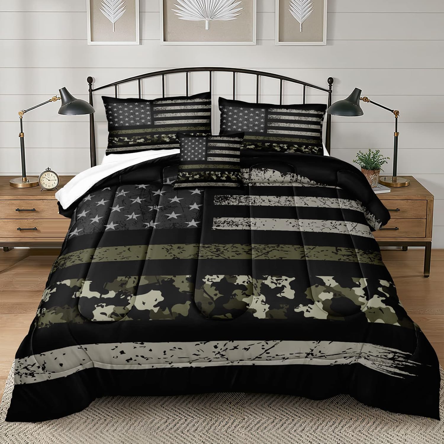 Bedbay American Flag Comforter Set Queen Retro Military Camo Comforter Black Grey