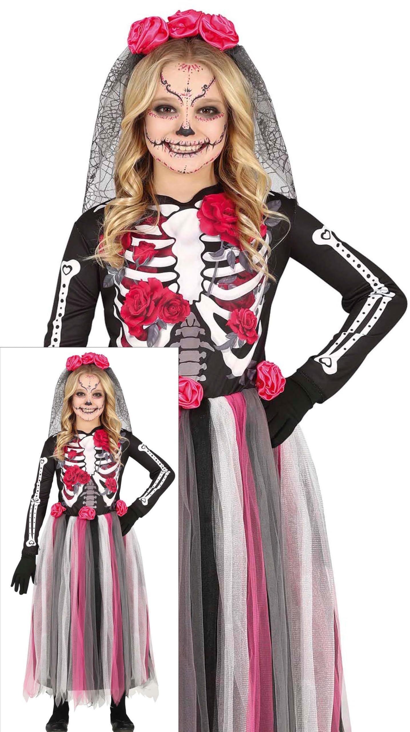 FIESTAS GUIRCA Pink Day of the Dead Fancy Dress Costume - Long Dress and Headband with Flowers for Girls 7-9 Years