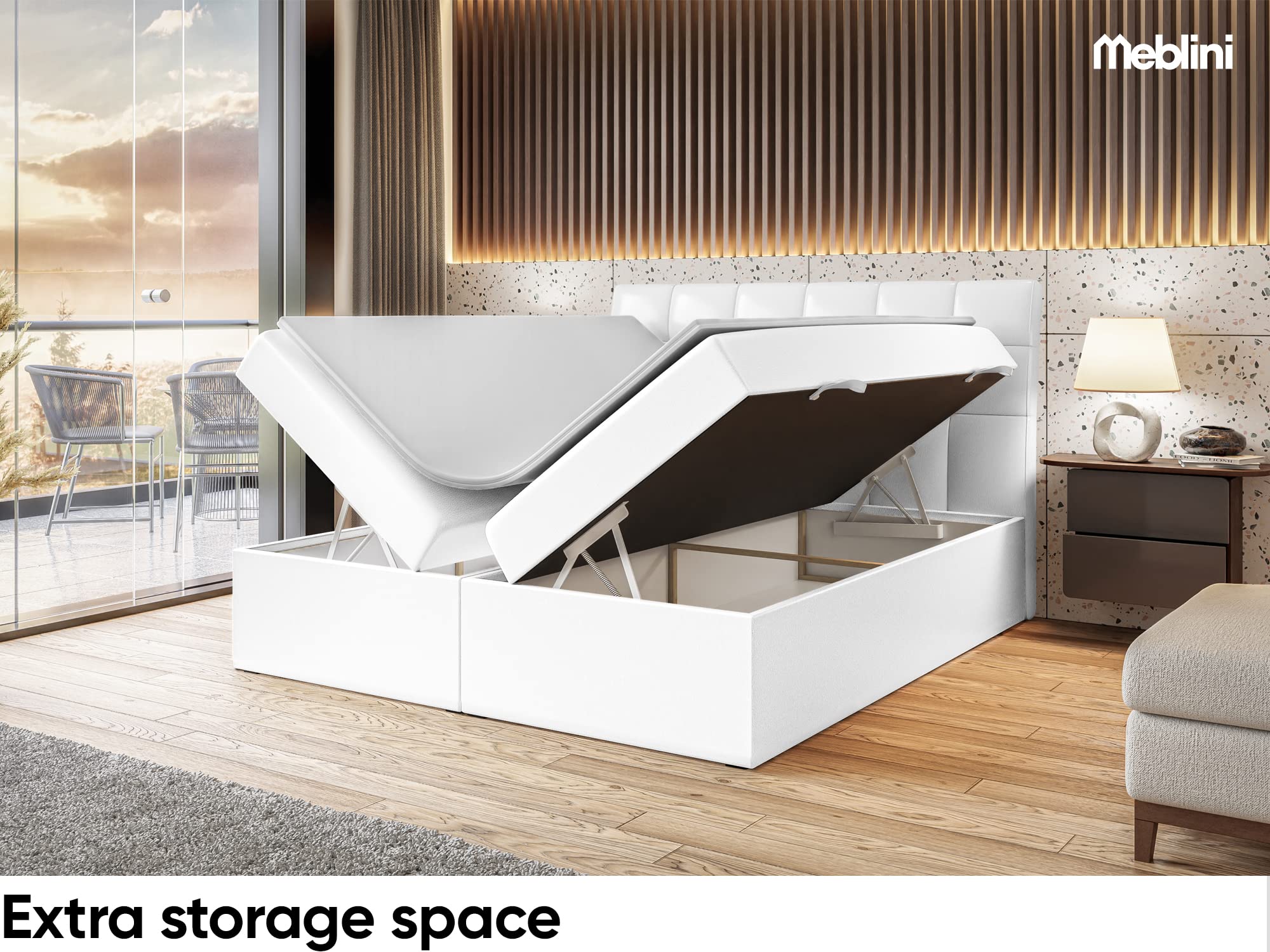 MEBLINI Boxspringbett mit Bettkasten - Gepolstert Doppelbett mit Matratze und Topper - Polsterbett mit Stauraum - Bett mit Kopfteil - Stauraumbett - Drago - 180x200 - H3/Weiß Kunstleder