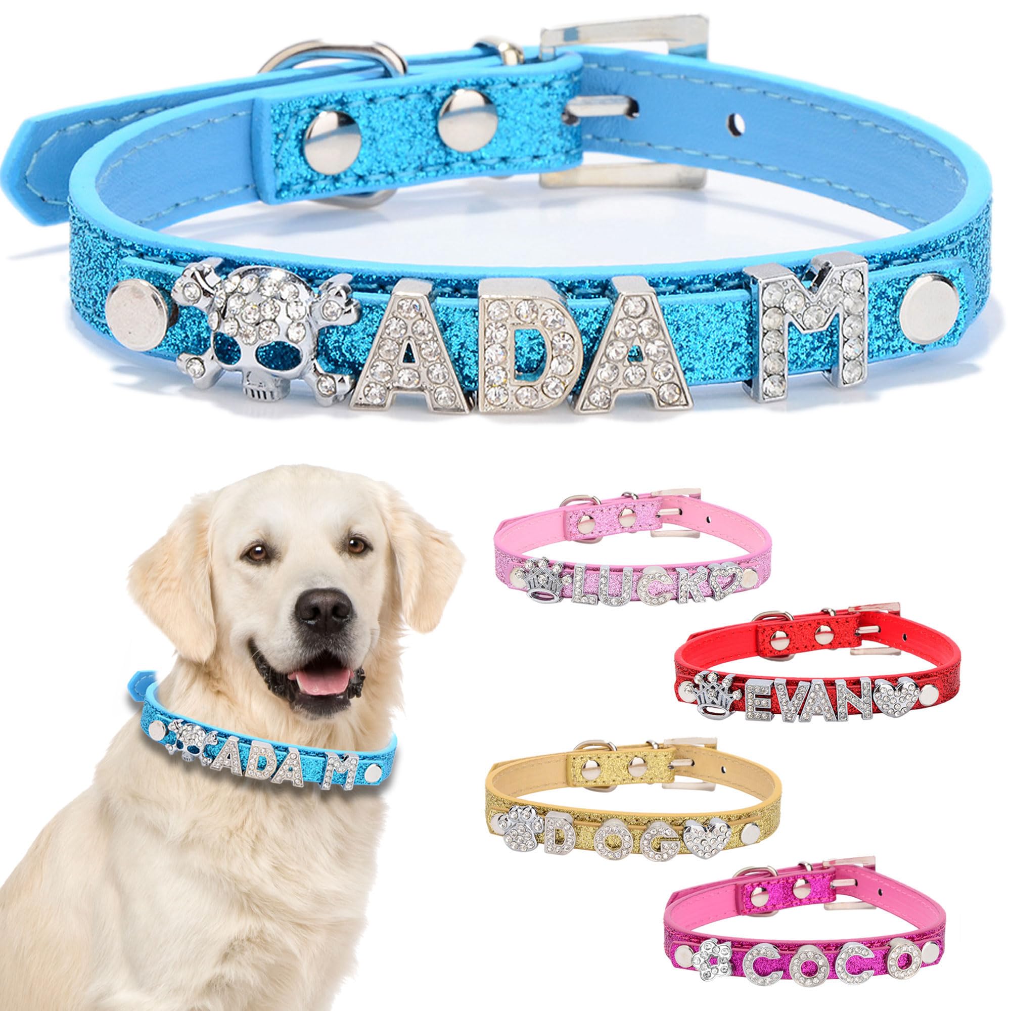Personalised Dog Collar for Small Dog/Cat Collars with Name for Puppy Cat  BLING PU Leather Collar for Kitty Pets Small Middle Large Collar(Bling