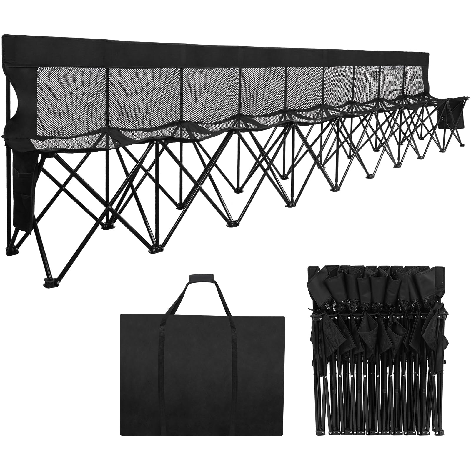 Soccer Bench- Folding Team Bench Soccer 9 Seats, Portable Sideline Sports Benches with Mesh Seat and Back with Bag, Foldable Breathable Chairs for Sports Football Camp Events (Black