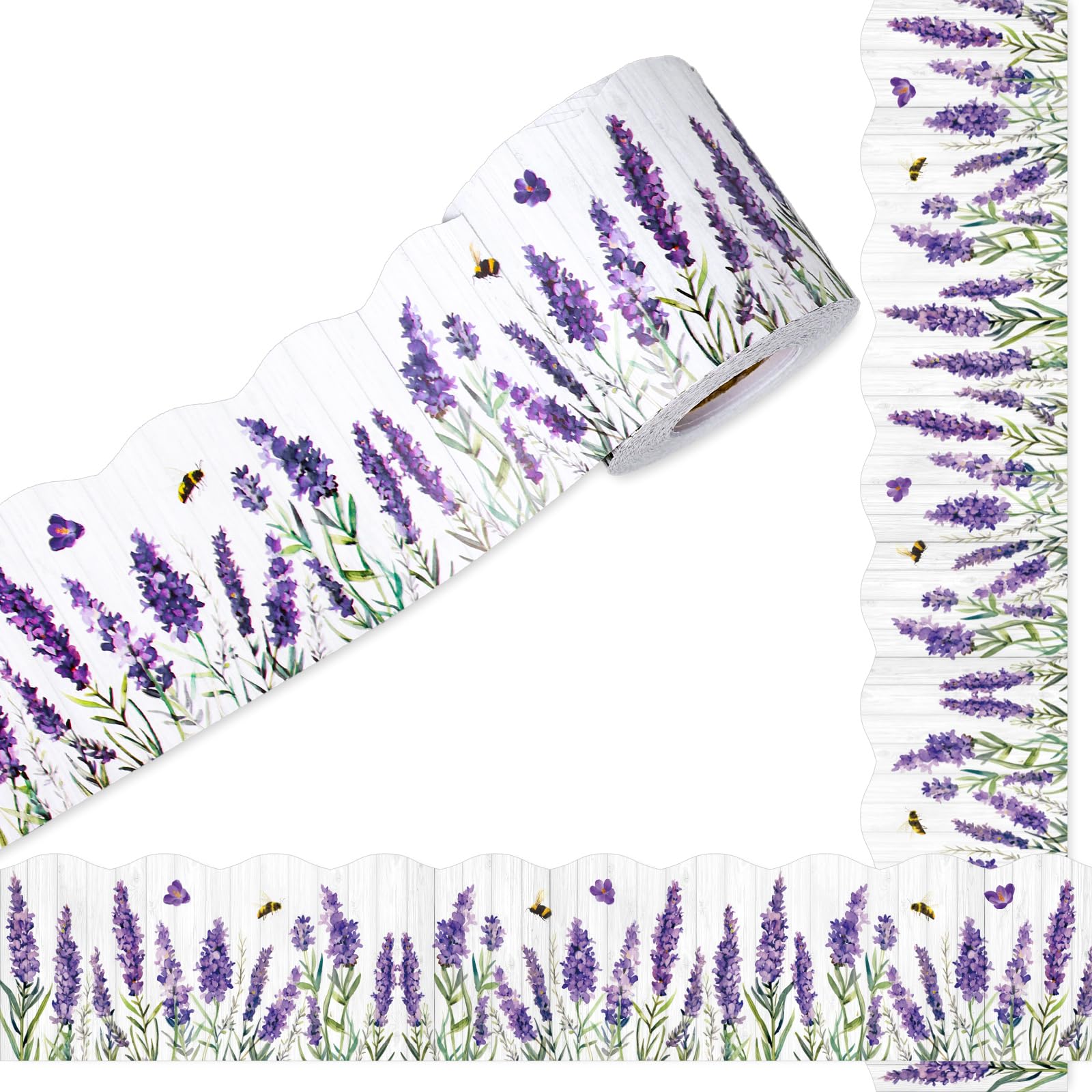 JarThenaAMCS 65.6Ft Lavender Flower Bulletin Board Borders Scalloped Purple Floral Bee Border Trims Wavy Rolled Trim DIY Decoration for Classroom