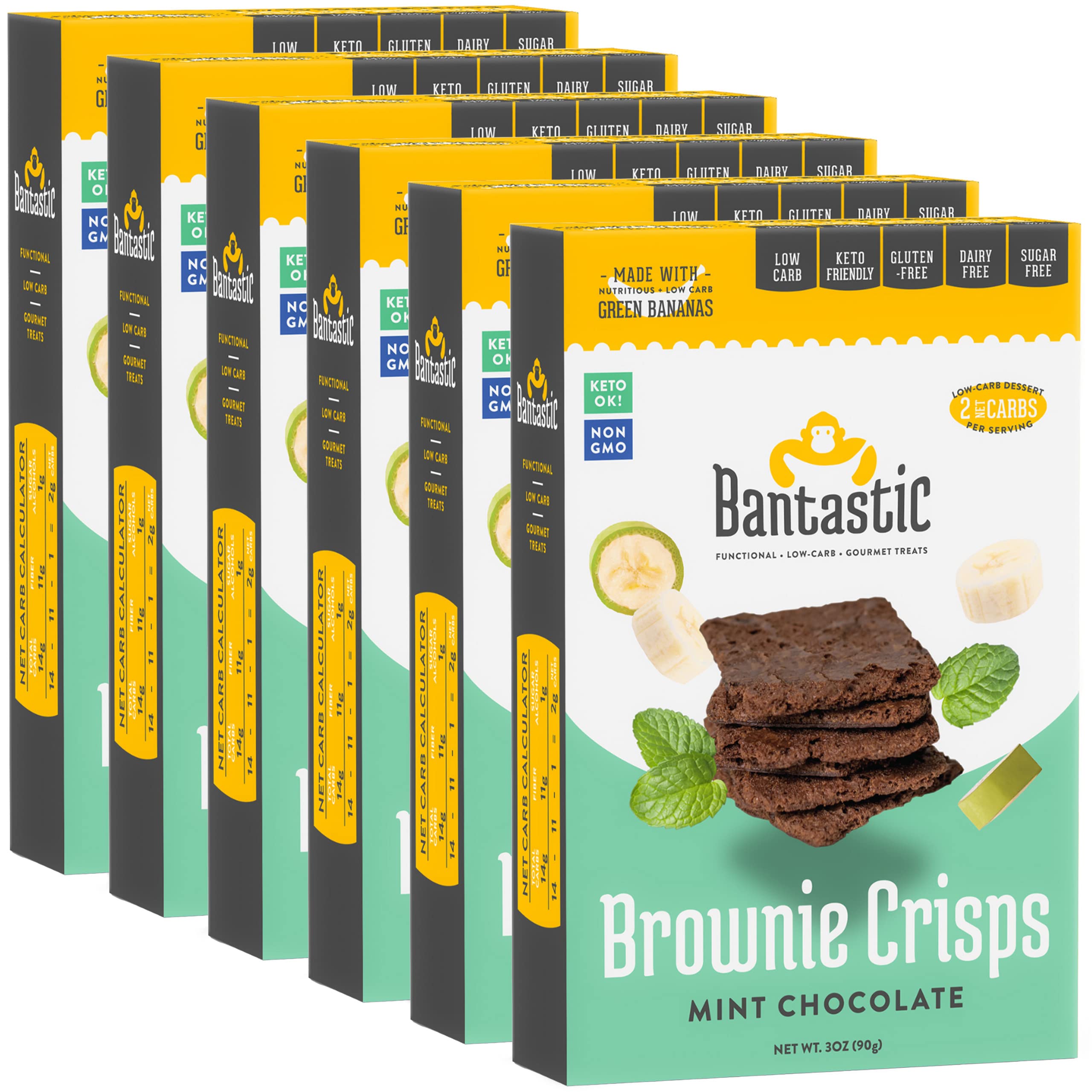 Bantastic Mint Chocolate Brownie Crisps 6-Pack – Thin, Crispy & Crunchy Sugar-Free Snacks, High-Fiber, 3 Oz Ea
