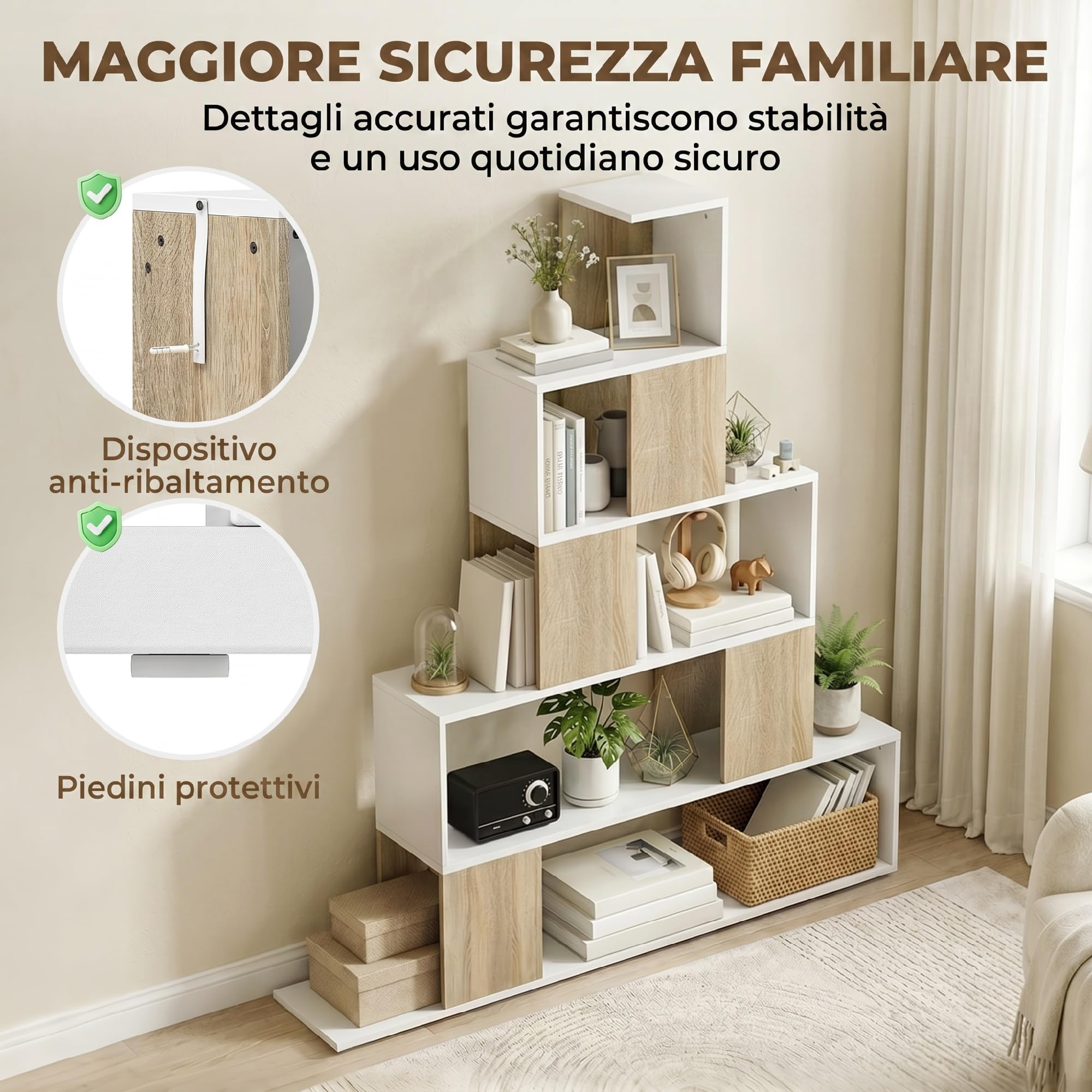 HOMCOM Libreria Cubo, Scaffale a 5 Ripiani con Design a Gradini, Libreria Geometrica per Soggiorno, Studio, Camera da Letto, Bianco e Naturale