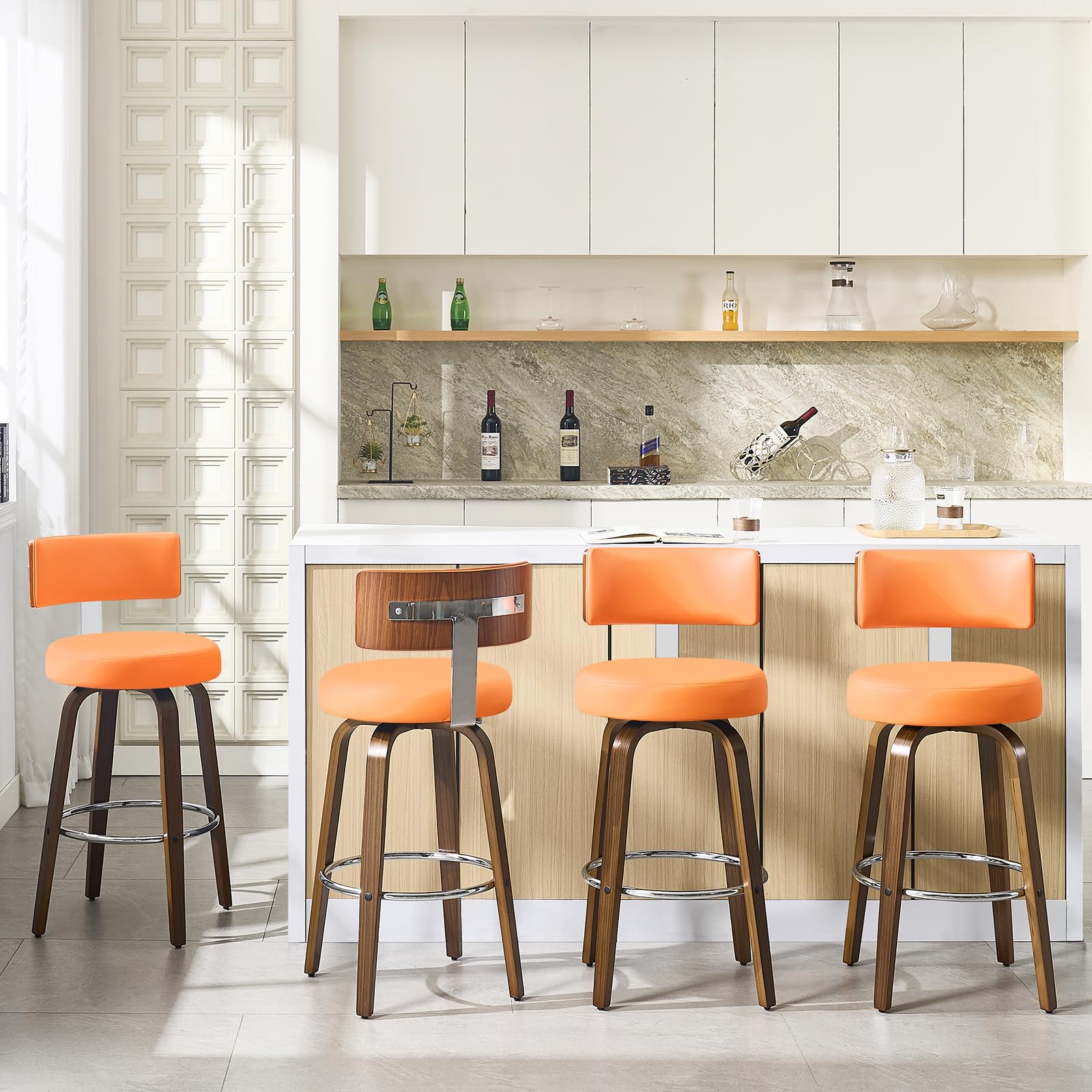 Swivel Counter Height Bar Stools Set of 4, Faux Leather Kitchen Stools Upholstered Barstools with Back, Walnut Wood Legs, Mid Century Island Chairs Counter Stools, 26" Seat Height, Orange