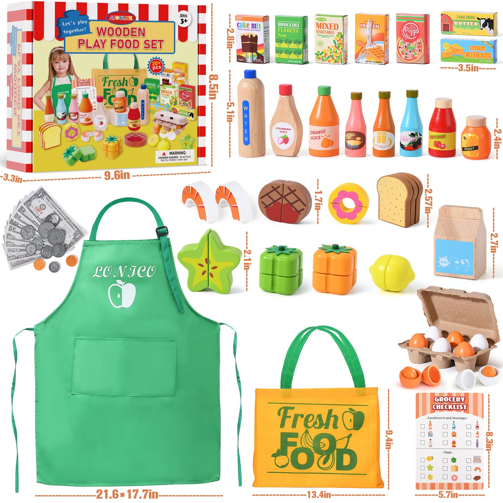 Lonico Wooden Play Food Toys for Kids, Market Grocery Store Toys with Snack & Shopping Bag & Apron for Toddlers, Pretend Play Kitchen Accessories Christmas Birthday Gift for Girls Boys 3 4 5 6