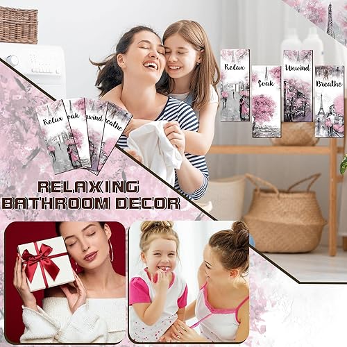 Miniatura 6 de 4 piezas de decoración de pared de madera rosa y gris para baño rosa relájate y descansa respira flores letrero de amor de París torres Eiffel arte