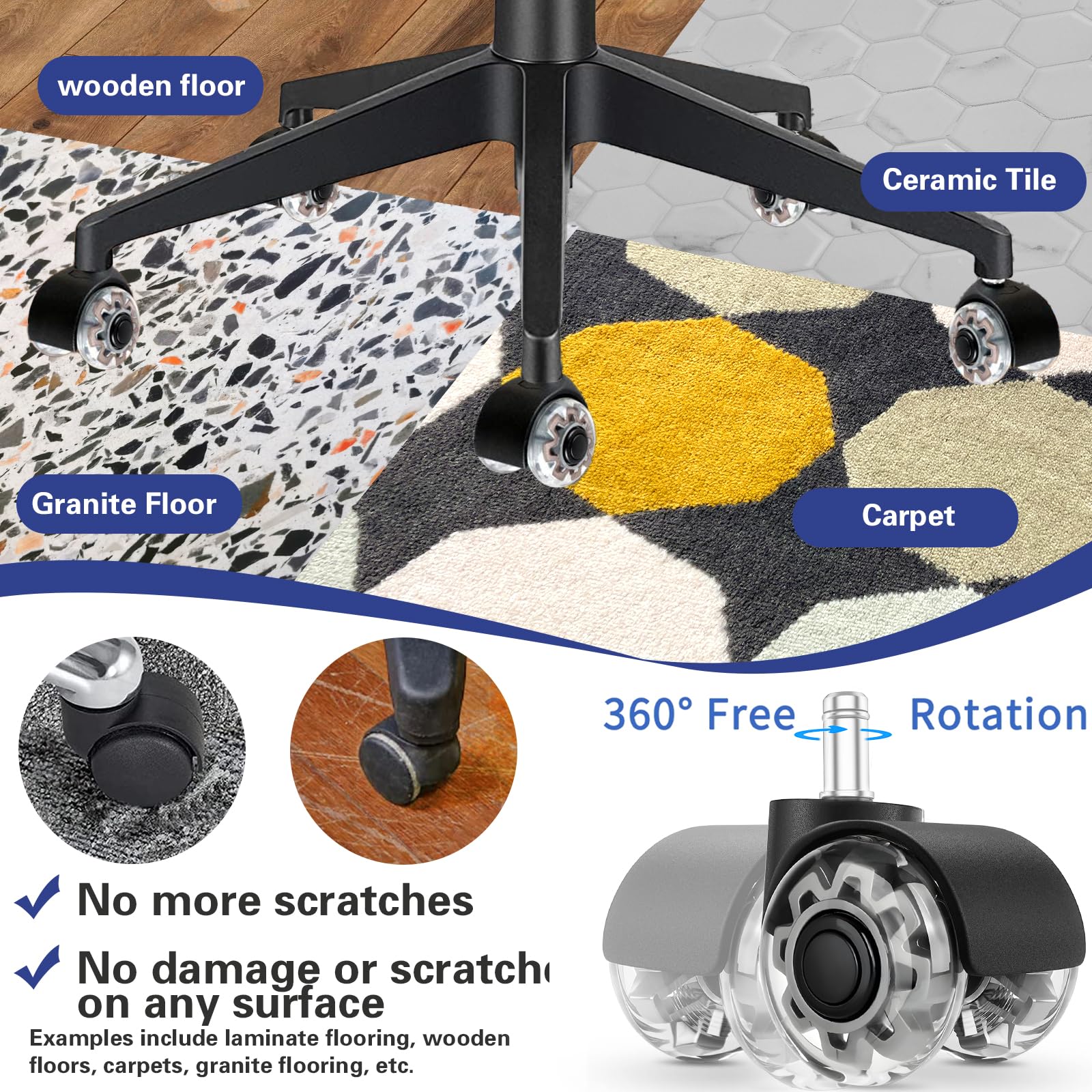 Ruote Per Sedia Da Ufficio POWZOO - 5 Pezzi, 11x22 Mm, Doppia Ruota, Silenziose E Anti-Graffio - Per Parquet, Piastrelle, Moquette