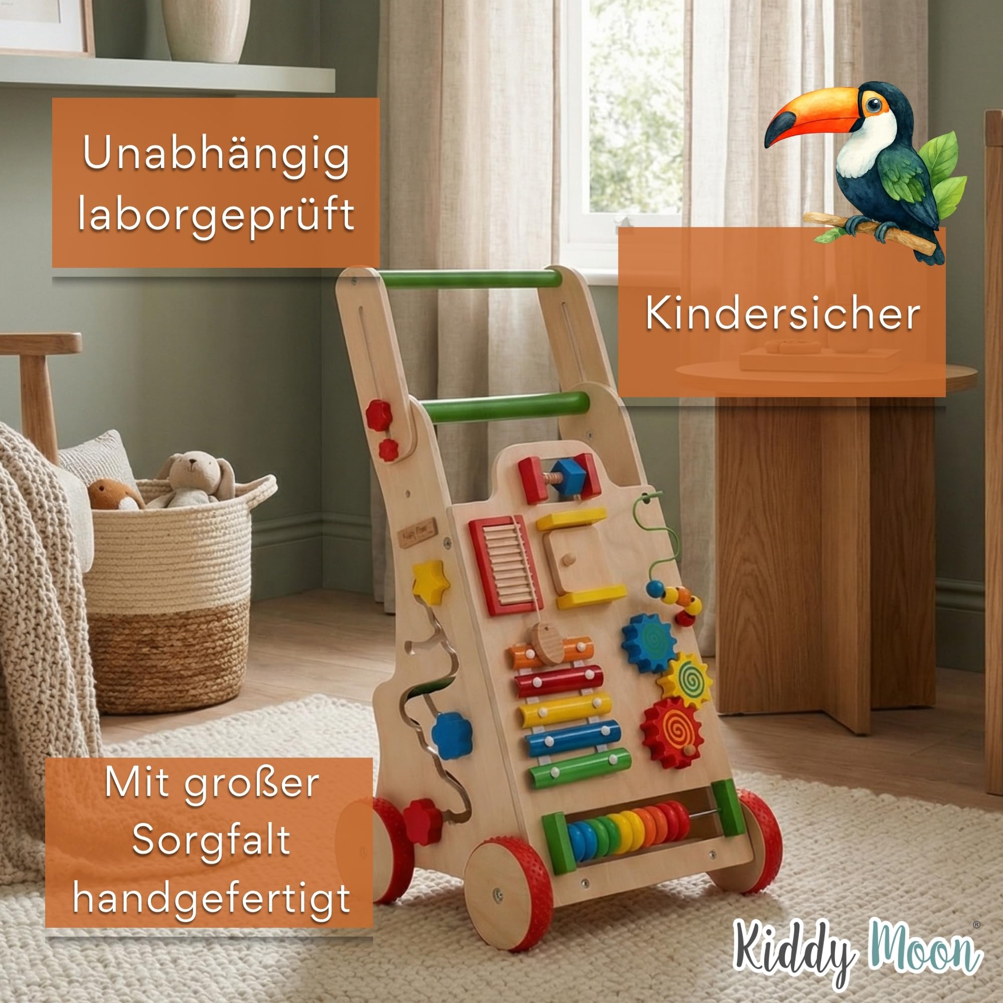 KiddyMoon Lauflernwagen Aus Holz Für Kinder Lauflernhilfe Spaß Babys, Laufen Lernen, Multifunktion Holzspielzeug Für Kleinekinder Montessori-Spielzeug, WK-002, Mehrfarbig