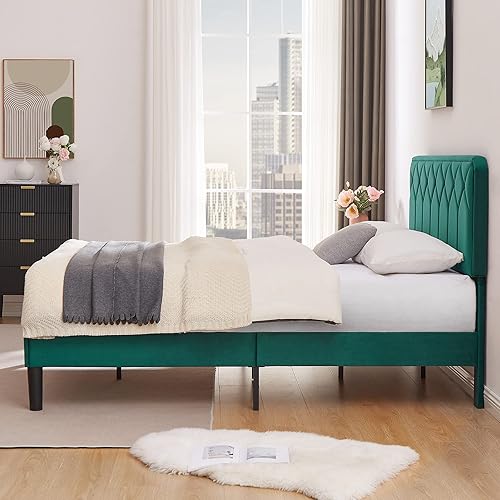 Miniatura 64 de VECELO Base de cama de tamaño matrimonial con plataforma tapizada de terciopelo de alta calidad con cabecera ajustable en altura / base de colchón,