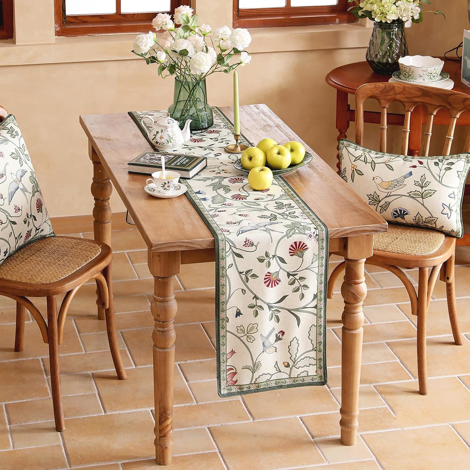 bilin gaier Green and White Table Runner 63 Inches Long,Vintage Rustic Farmhouse Linen Flower Table Runners,Decorative Runner Table Cloth for Coffee & Dining Table and Living Room,12"x63"-Idaho A