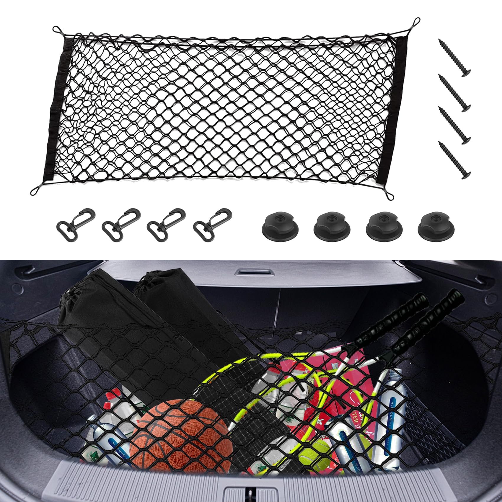 Tecledsn Stretchable Small Cargo Net, Car Net Pocket, 35.4x15.8 Inch Universal Adjustable Elastic Truck Net with Hooks, Storage Mesh Organizer Bungee