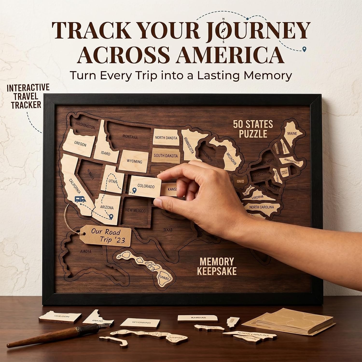 Wooden USA Travel Map Puzzle, 12 * 10in US Travel Map Puzzle Frame for Track Your Journey & Memories with Elements Sticker Rv Vacations Home Classroom Wall Art Home Decor for Couple Family(1set)