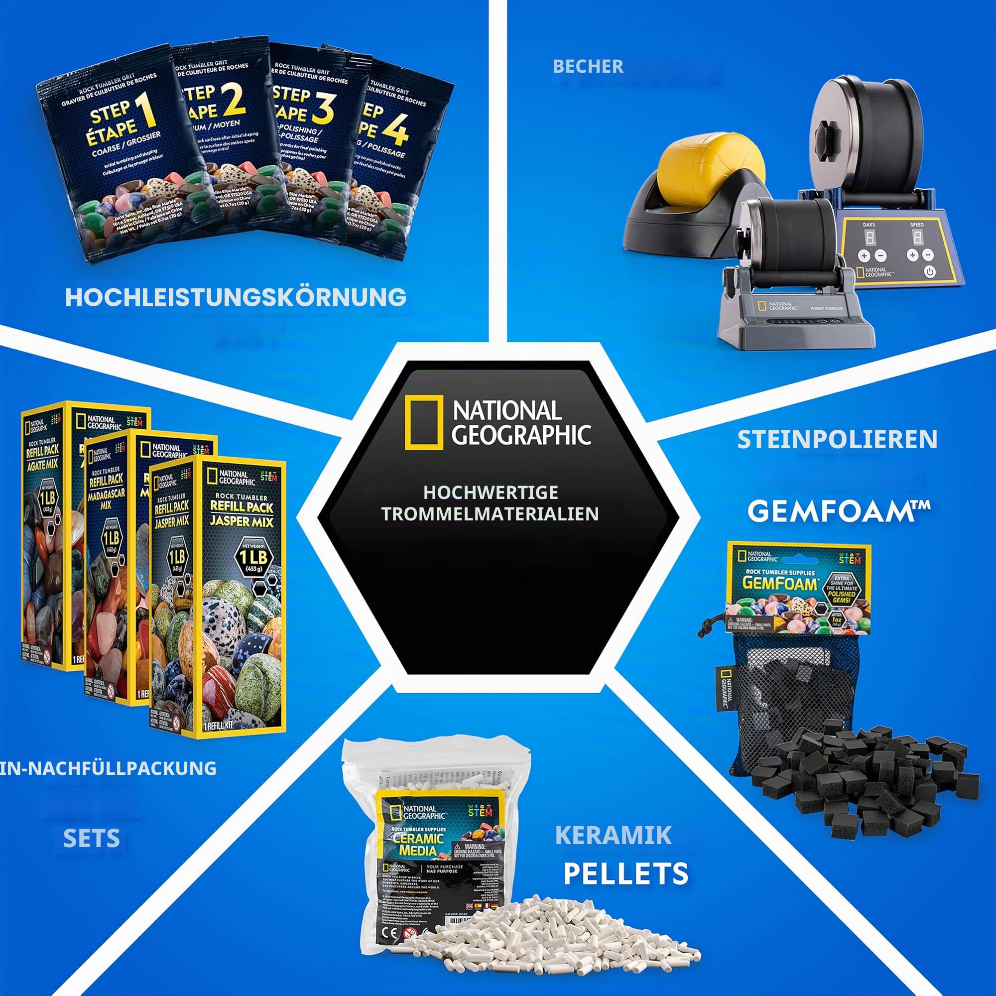 NATIONAL Geographic Rock Tumbler Media – Das ultimative Rock Polierzubehör Kit, 4 Stage Bulk Rock Tumbler Grit 0,7 kg Keramik Pellets GemFoam Polieren Tumbling Media