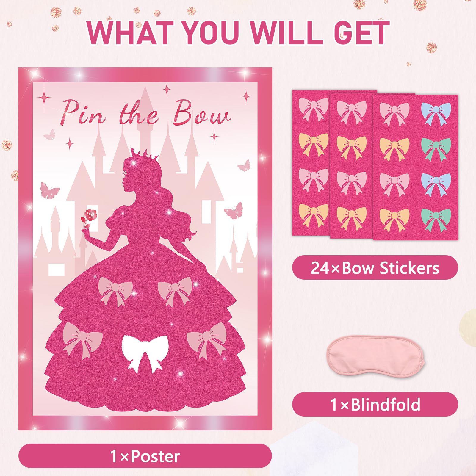 Pin the Bow Partyspiel für Mädchen, Rosa Mädchen Prinzessin Poster mit 24 Schleifen-Aufklebern, Kinder Teens Geburtstag Party Supplies Dekorationen, Sleepover & Dress-Up Aktivität - A2 Poster