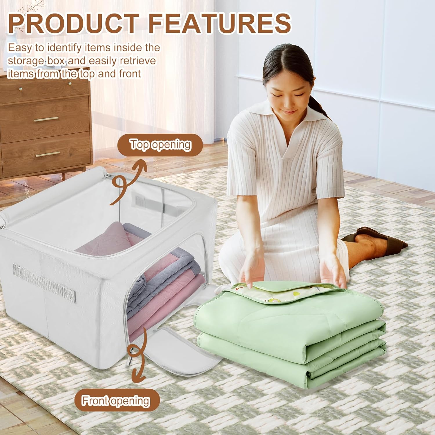 3Pcs Clothes Storage Bins Folding Stackable Closet Organizers Storage Containers Oxford Cloth Storage Bins with Lid Space Saving Clothes Storage Box with Clear Window and Two Way Zipper for Bedroom12