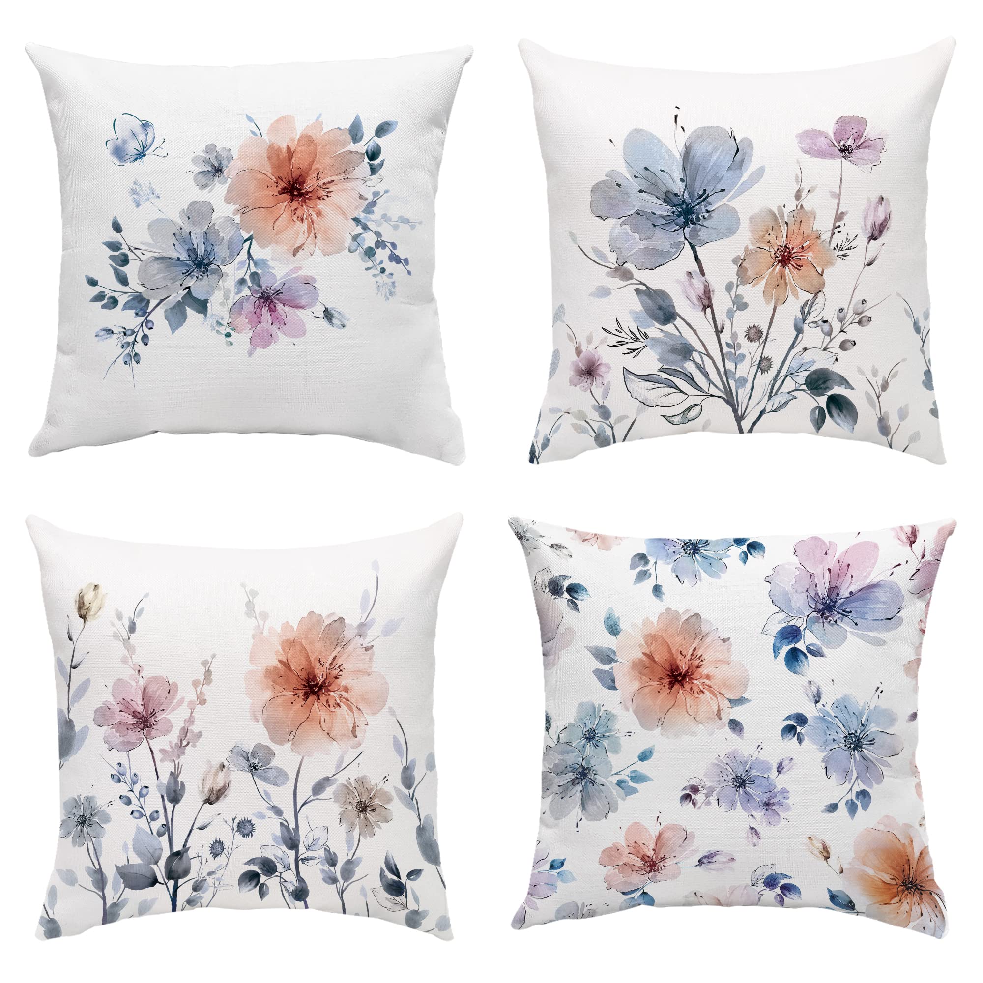 Photo 1 of Floral Throw Pillow Covers 18x18 Inch Set of 4 Throw Pillows for Bedroom Pillow Covers Outdoor Couch Decorative Throw Pillow Covers Blue 18x18 Inch?Linen?