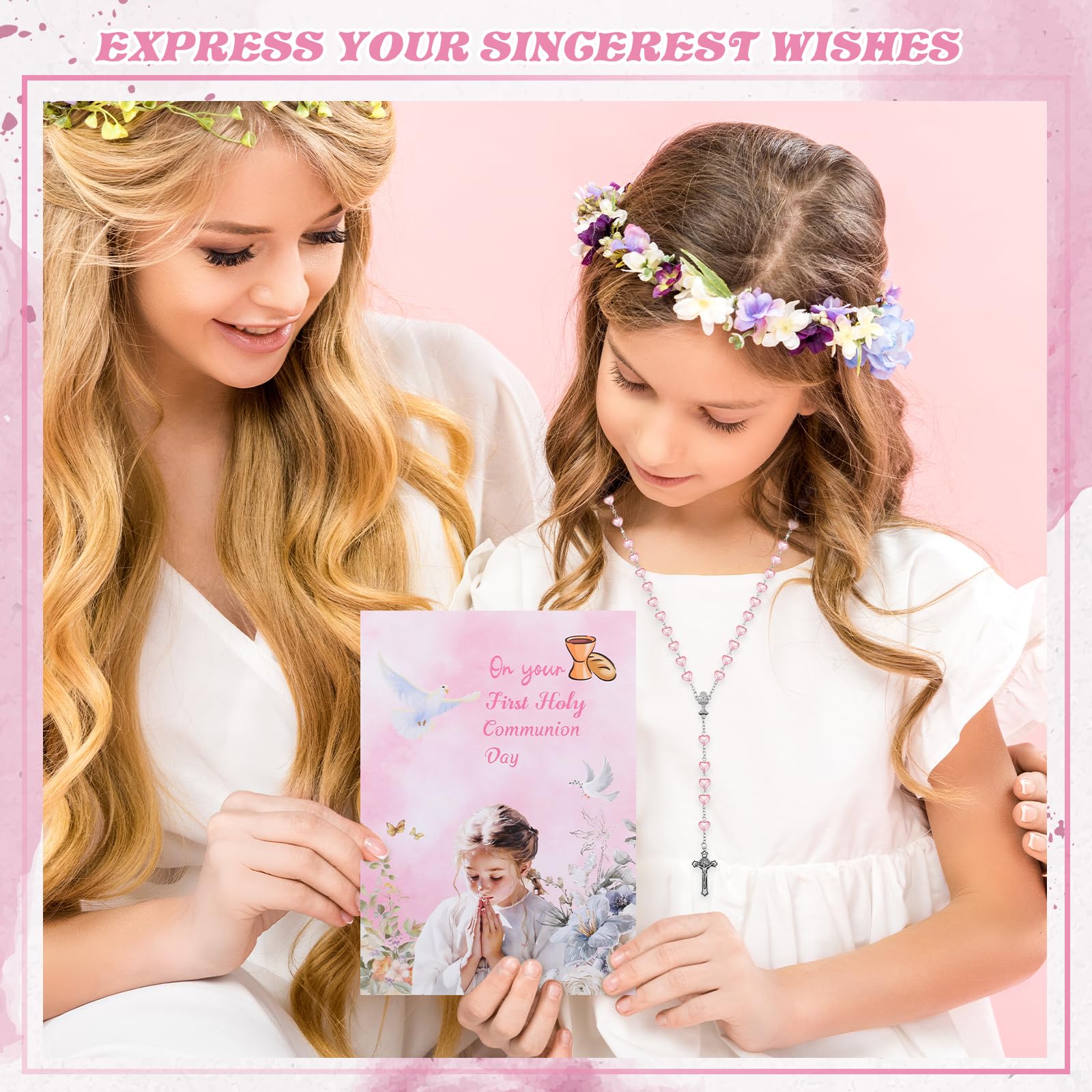 Sinmoe Set de 3 Rosario Corazón Primera Comunión con Tarjetas y Bolsa Cordón Collar Rosario Metálico Cruz Perlas Católicas para Niñas Niños Regalo Bautizo Rosa