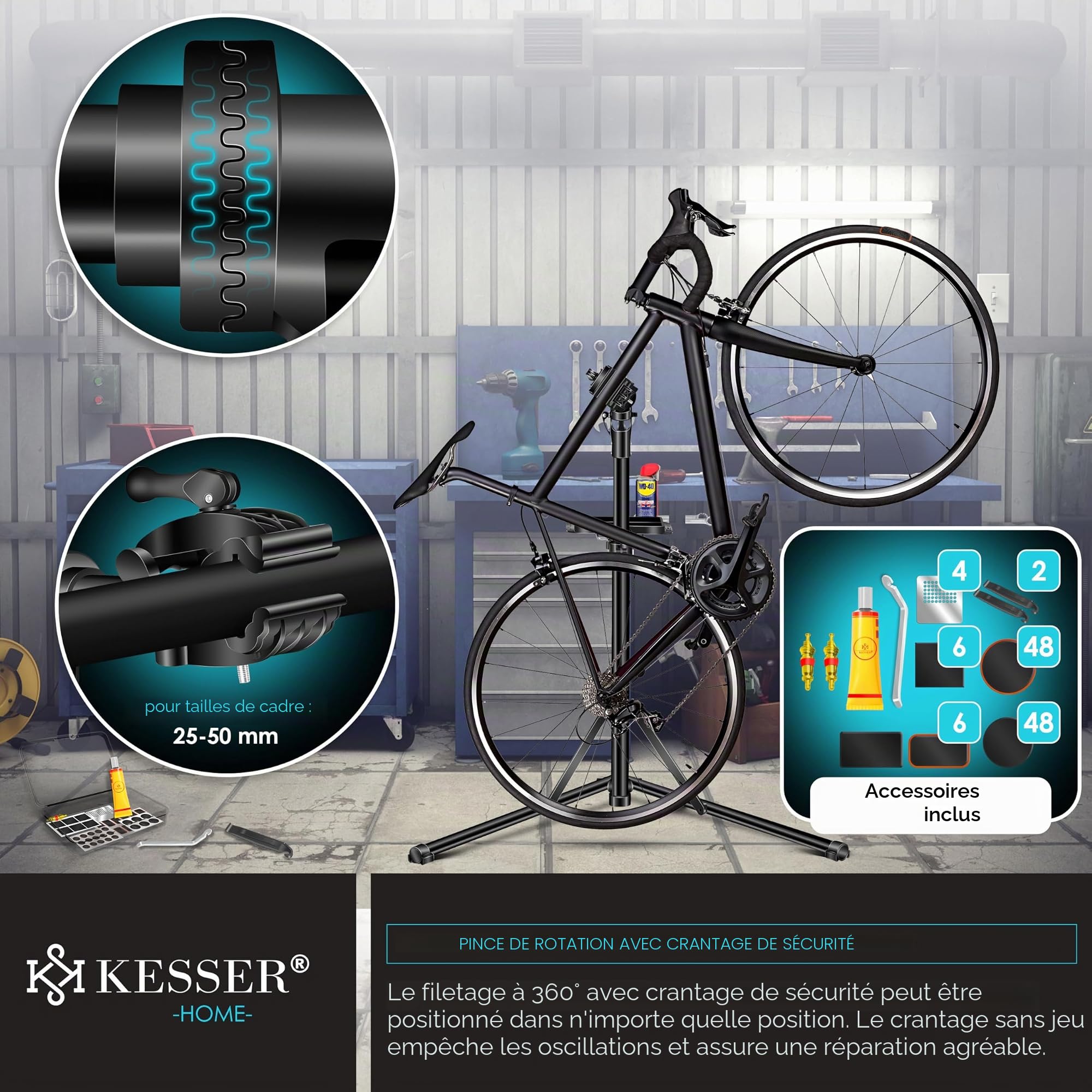 KESSER® Béquille de Montage pour vélo Béquille de réparation Professionnelle en Aluminium pour vélos VTT E-Bike Béquille de Montage pour Charges Lourdes Béquille de vélo +Sacoche