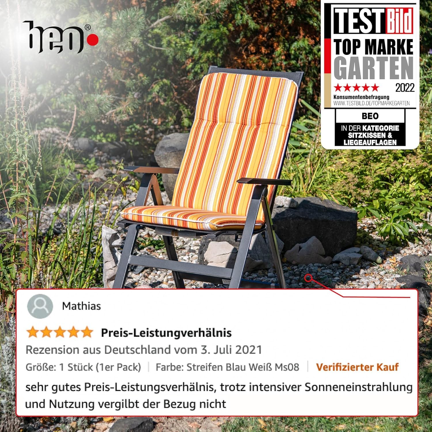 Beo Bali Hochlehner Auflagen 114x47 cm, 4er Set | Waschbare, atmungsaktive Gartenstuhl-Auflagen | UV-beständige Sitz-Auflagen | Made in EU nach Öko-Tex Standard | Pflegeleichte Polster